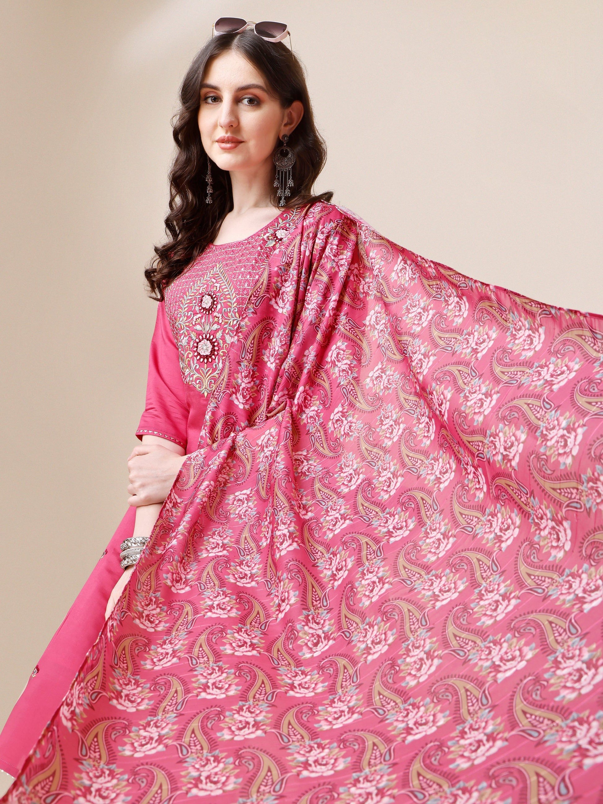 Embroidered Kurta With Pant And Dupatta Set, Multicolor - Hiral Fashion