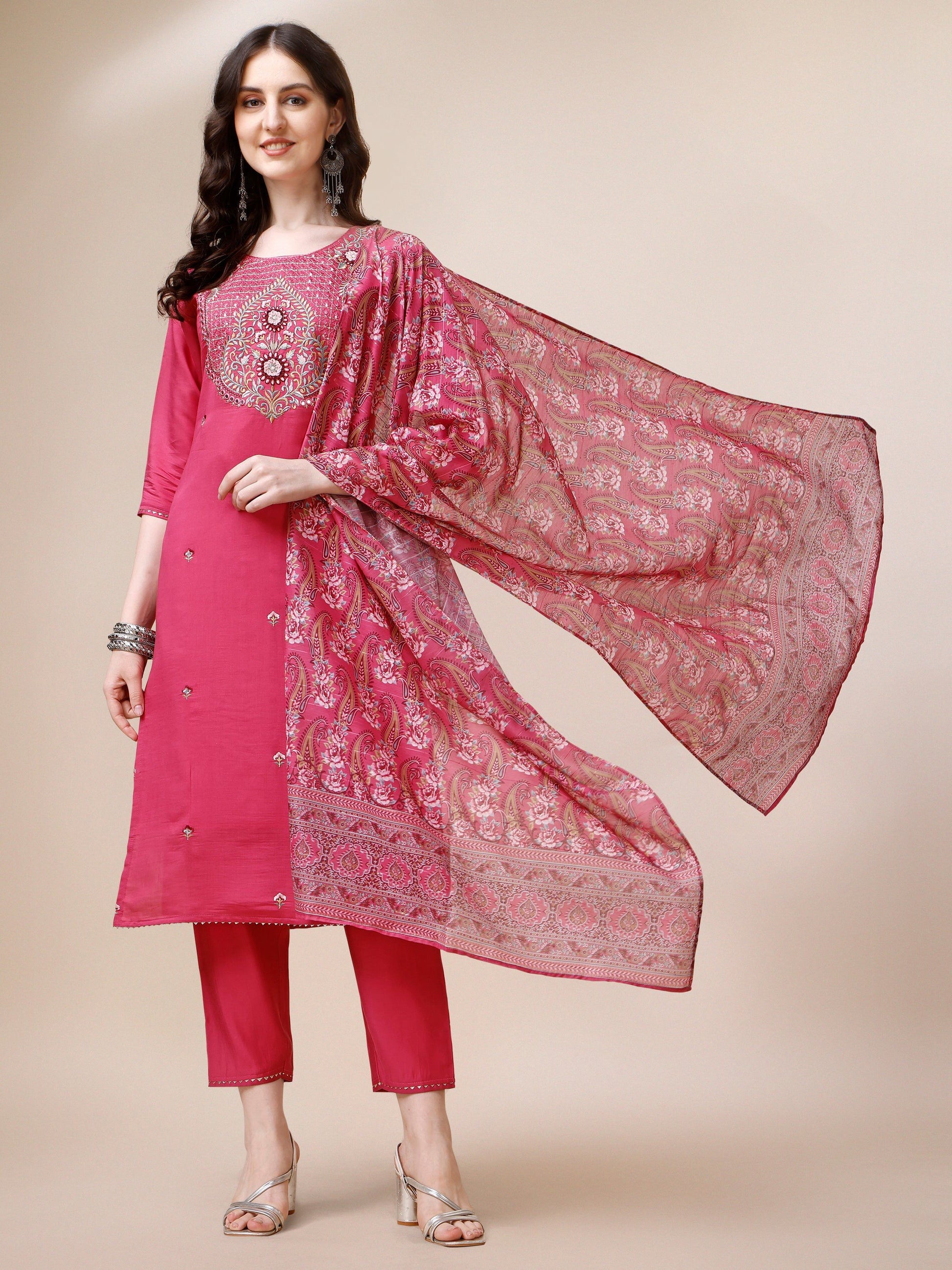 Embroidered Kurta With Pant And Dupatta Set, Multicolor - Hiral Fashion