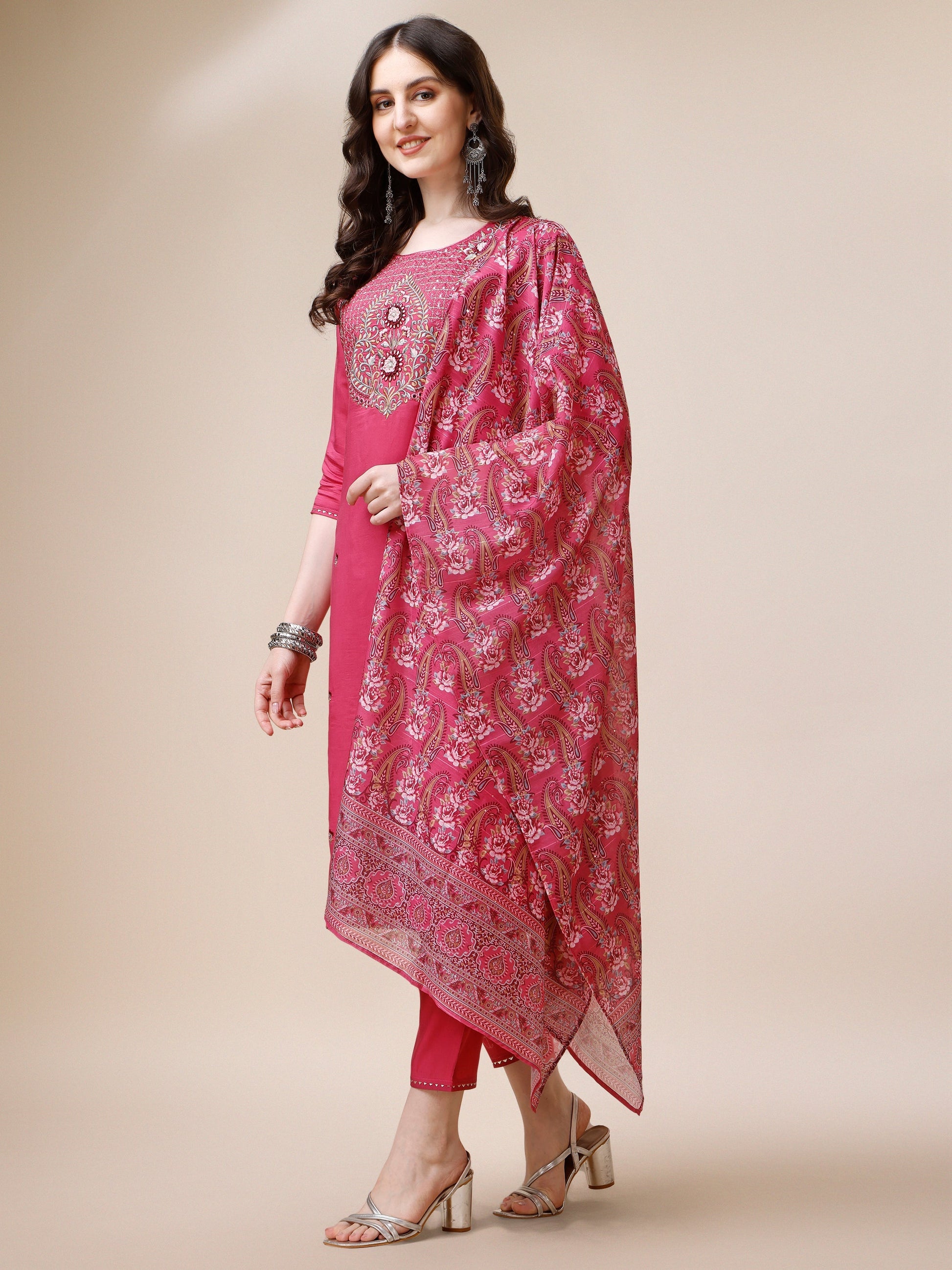 Embroidered Kurta With Pant And Dupatta Set, Multicolor - Hiral Fashion