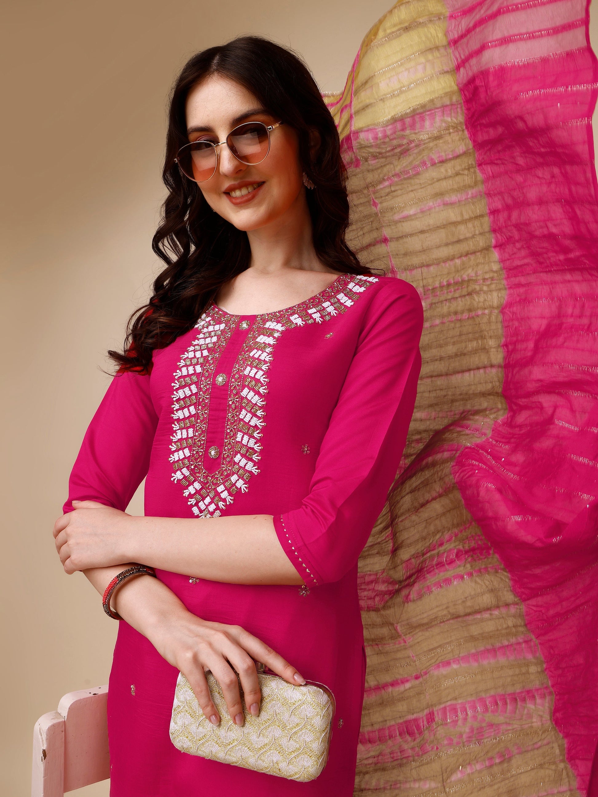 Hand Embroidered Kurta With Pant And Dupatta Set, Multicolor - Hiral Fashion