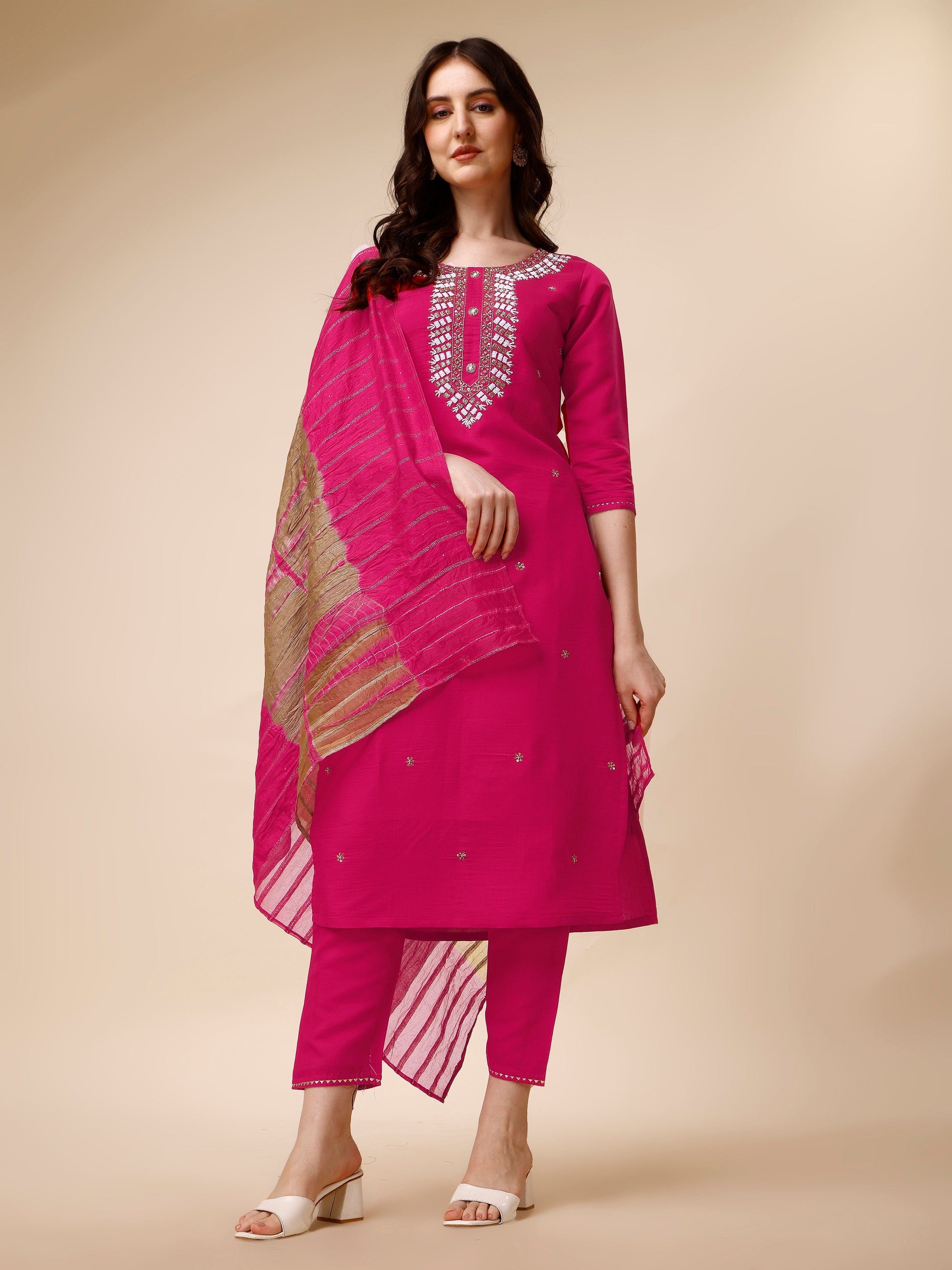 Hand Embroidered Kurta With Pant And Dupatta Set, Multicolor - Hiral Fashion