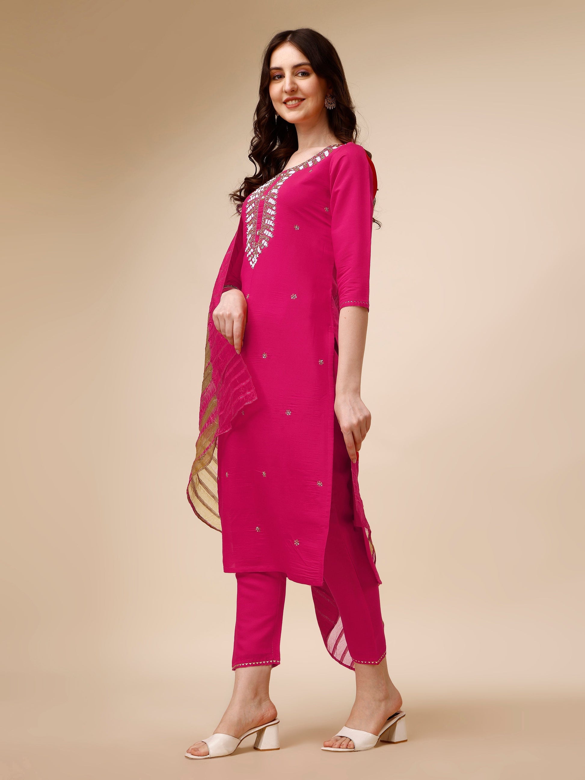 Hand Embroidered Kurta With Pant And Dupatta Set, Multicolor - Hiral Fashion