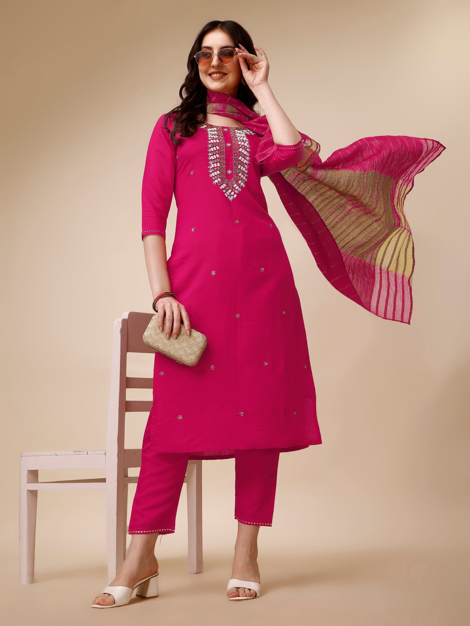 Hand Embroidered Kurta With Pant And Dupatta Set, Multicolor - Hiral Fashion