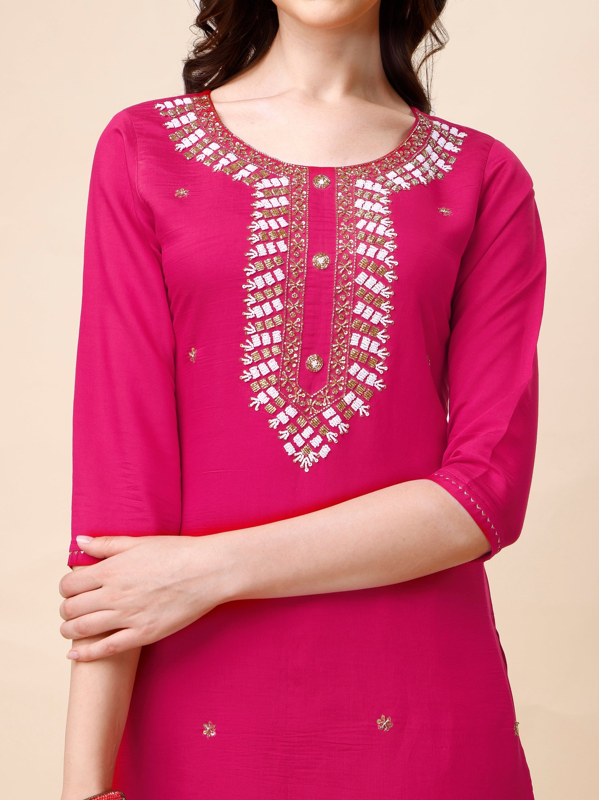 Hand Embroidered Kurta With Pant And Dupatta Set, Multicolor - Hiral Fashion
