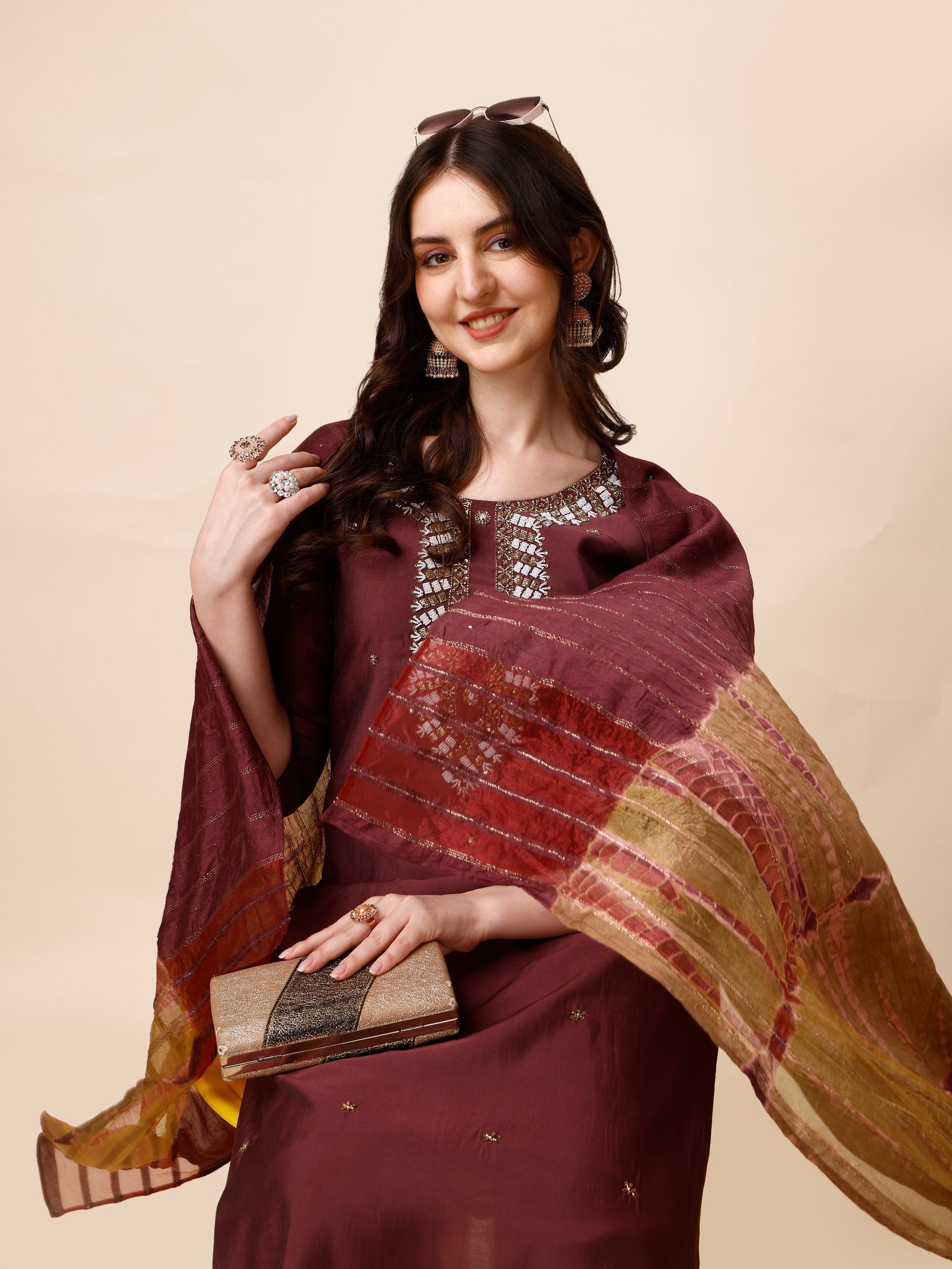 Hand Embroidered Kurta With Pant And Dupatta Set, Multicolor - Hiral Fashion