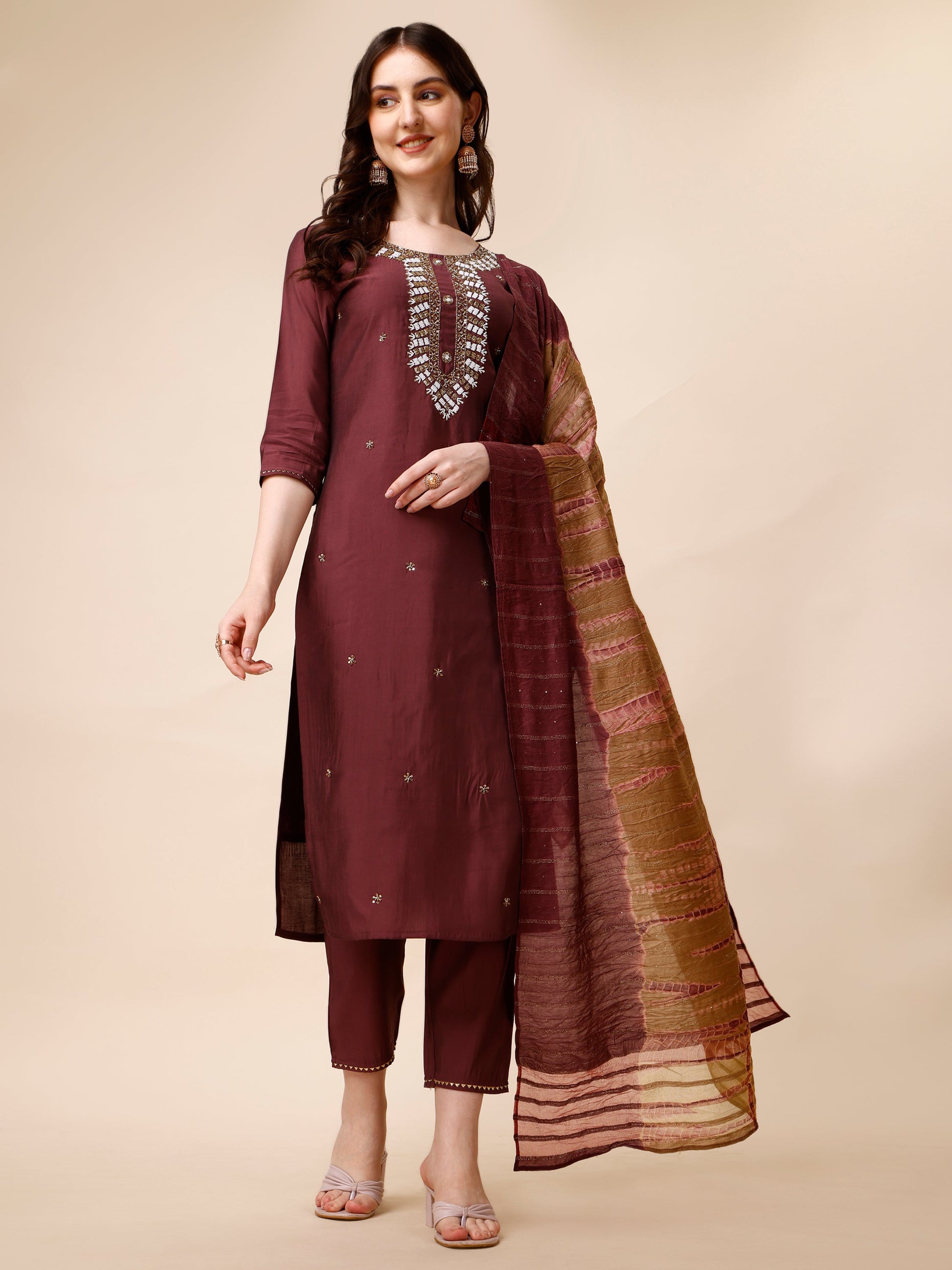 Hand Embroidered Kurta With Pant And Dupatta Set, Multicolor - Hiral Fashion