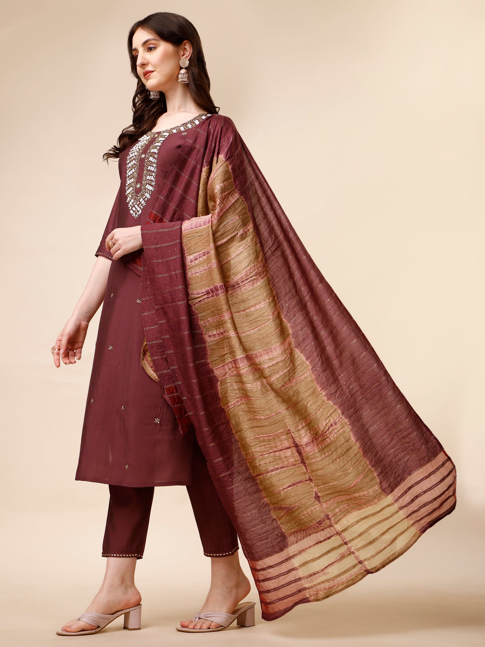 Hand Embroidered Kurta With Pant And Dupatta Set, Multicolor - Hiral Fashion