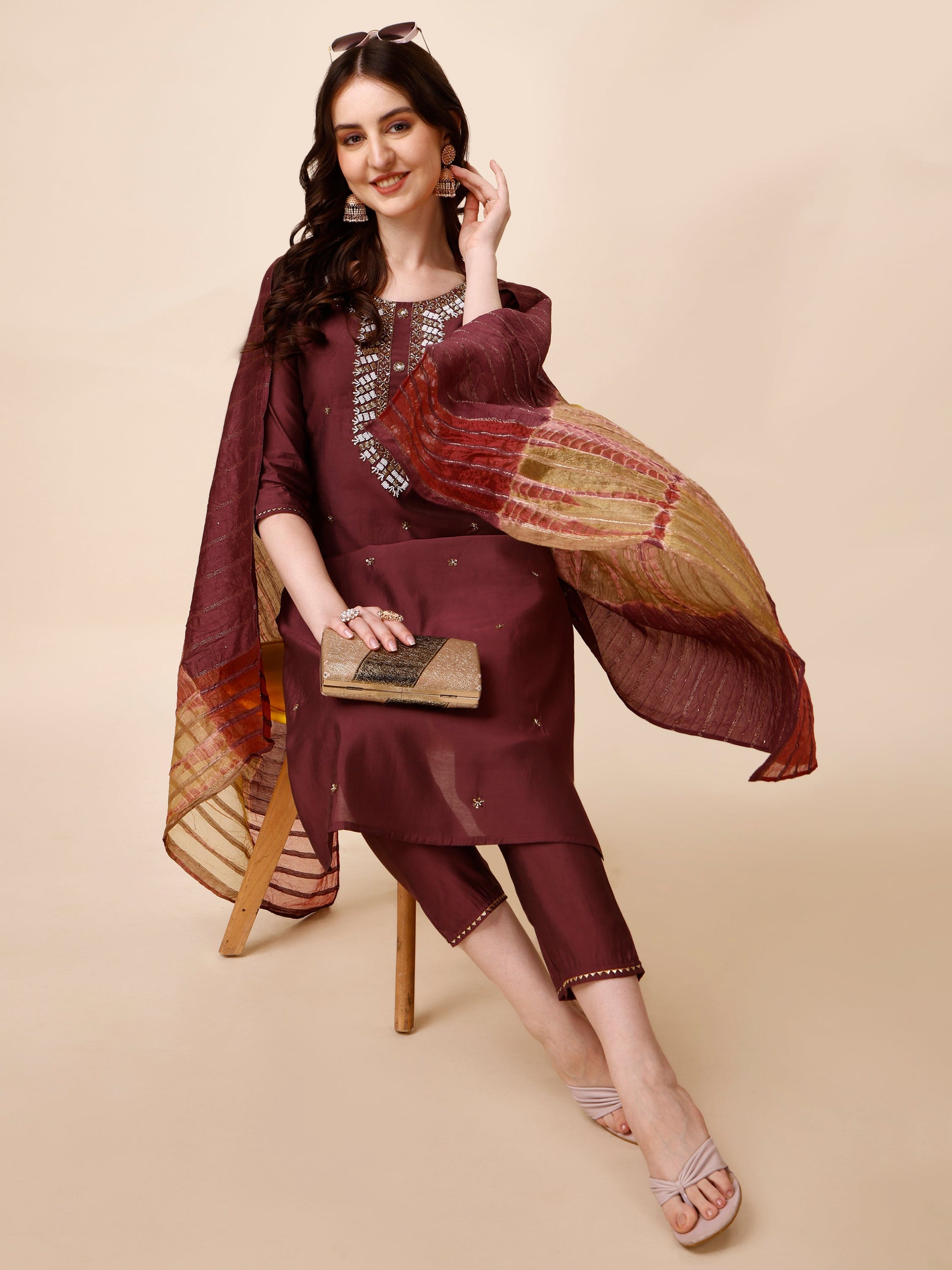 Hand Embroidered Kurta With Pant And Dupatta Set, Multicolor - Hiral Fashion
