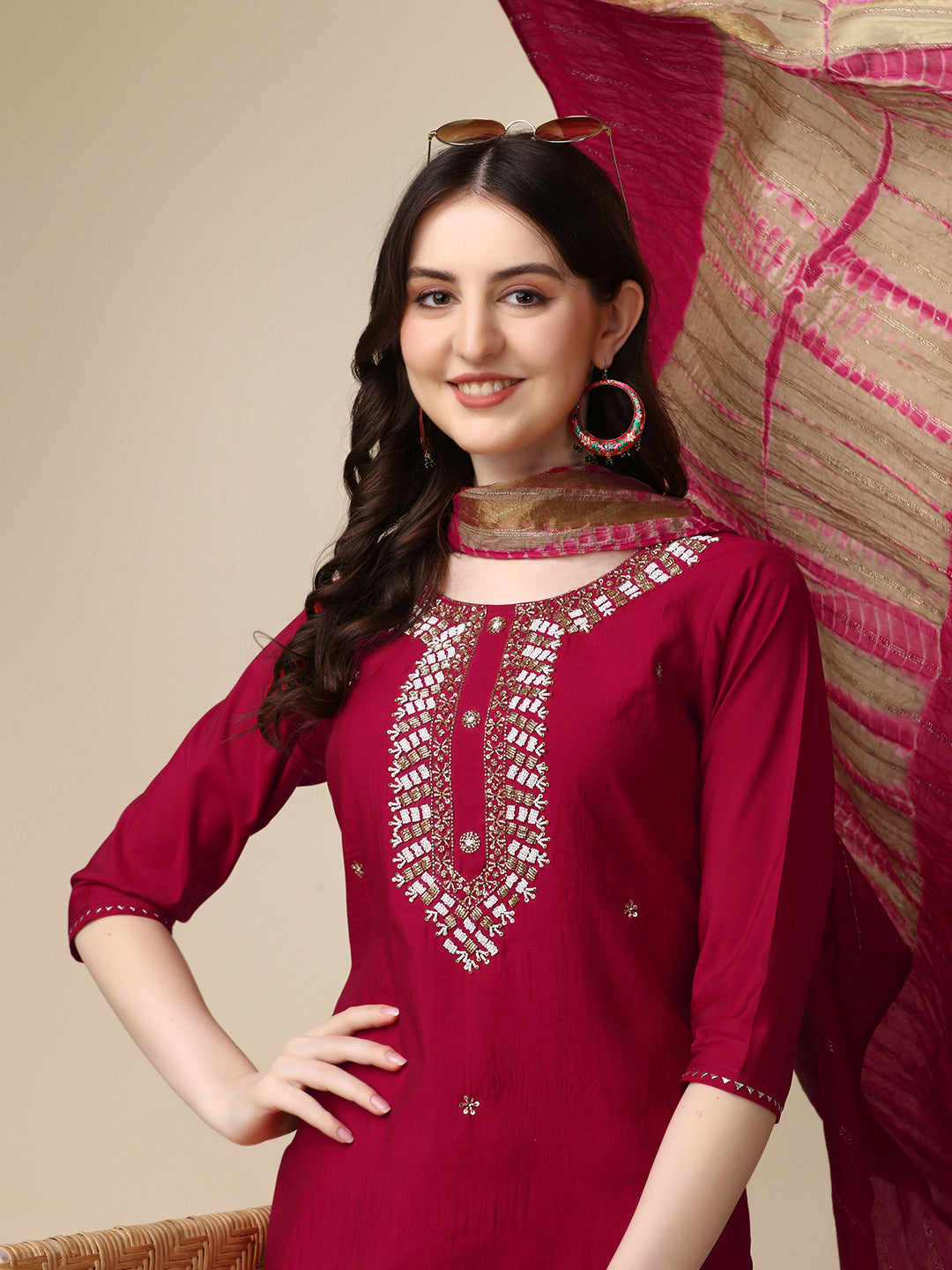 Hand Embroidered Kurta With Pant And Dupatta Set, Multicolor - Hiral Fashion