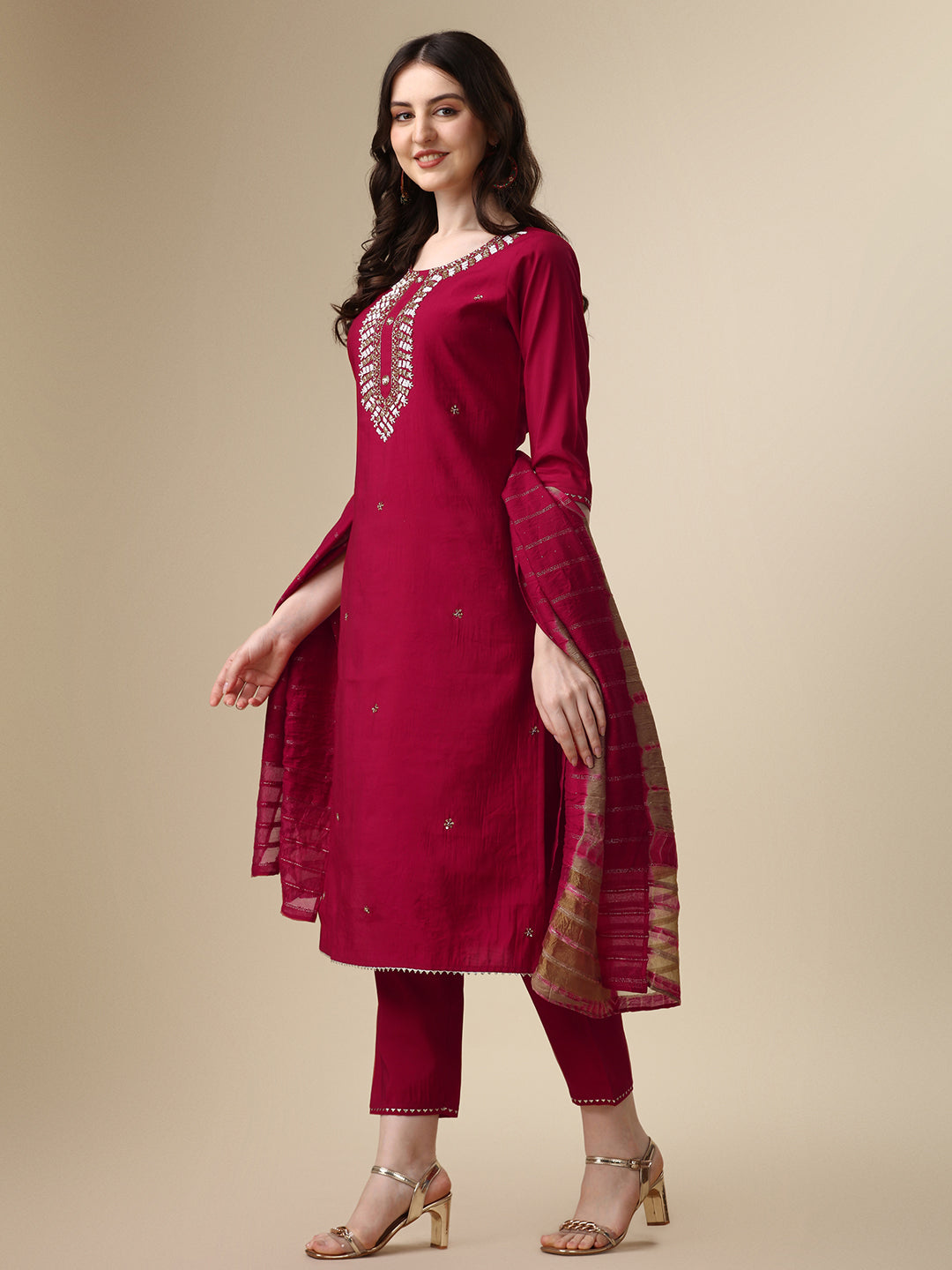 Hand Embroidered Kurta With Pant And Dupatta Set, Multicolor - Hiral Fashion