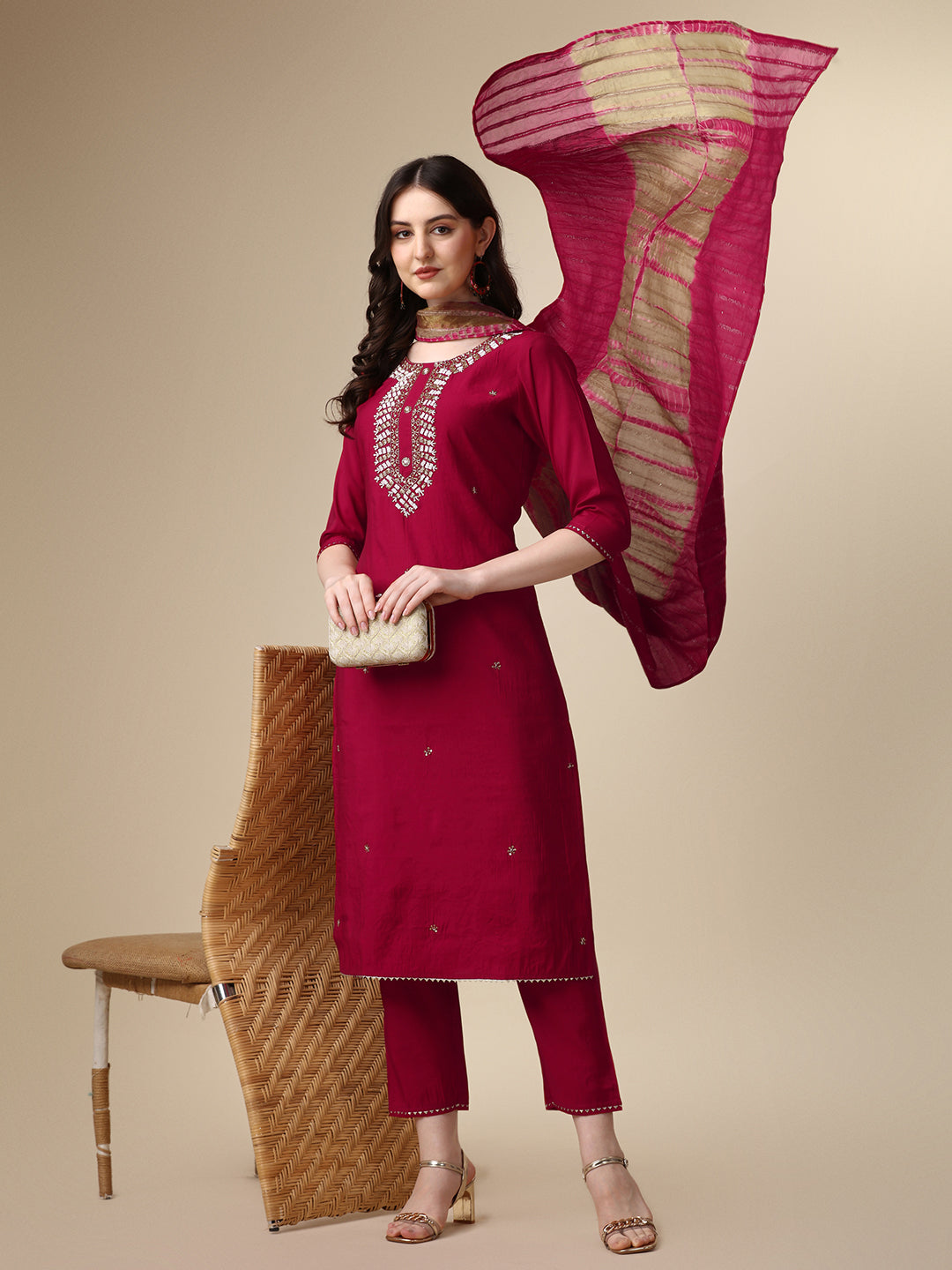 Hand Embroidered Kurta With Pant And Dupatta Set, Multicolor - Hiral Fashion