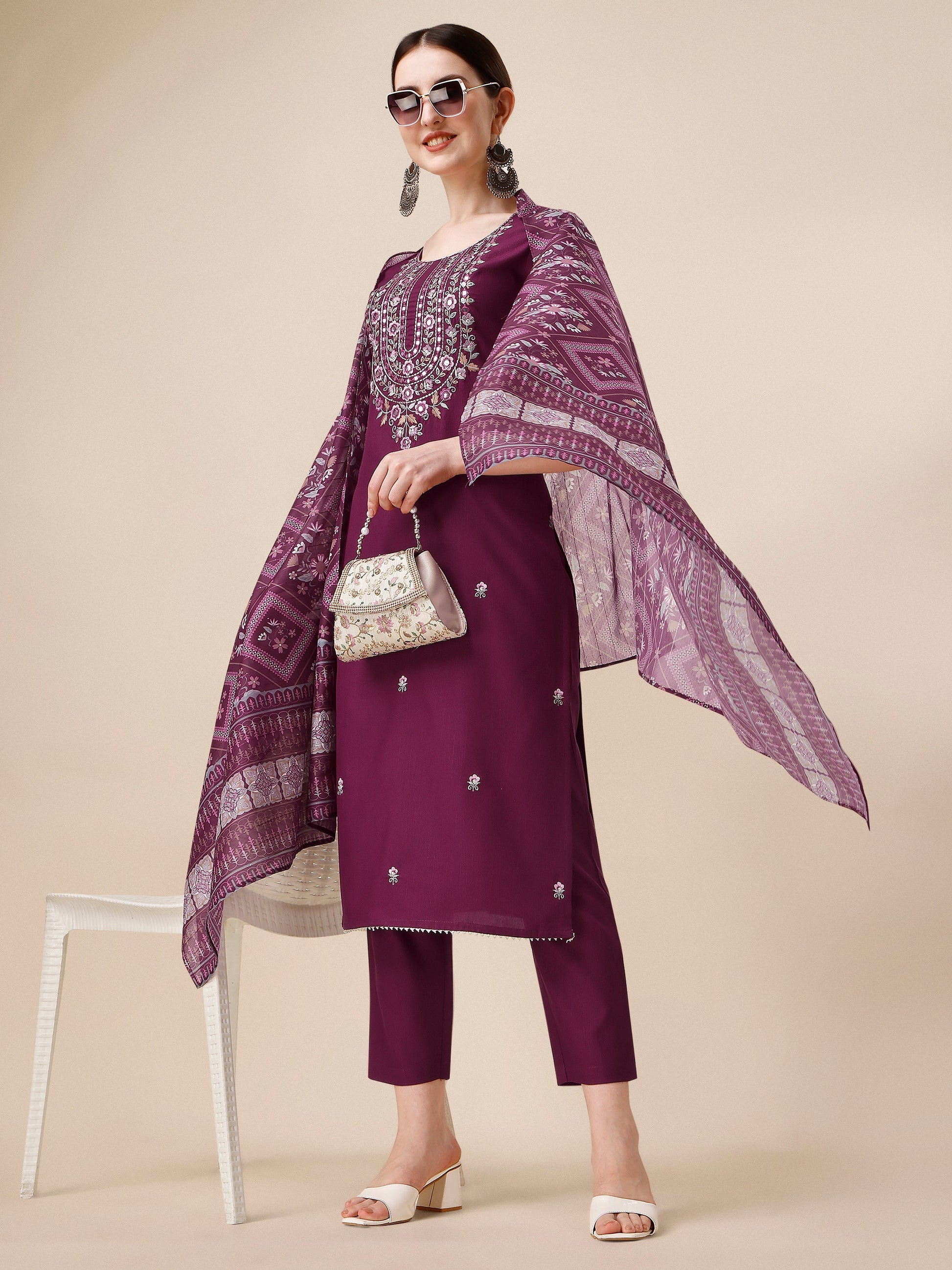 Embroidered Kurta With Pant & Printed Dupatta, Multicolor - Hiral Fashion
