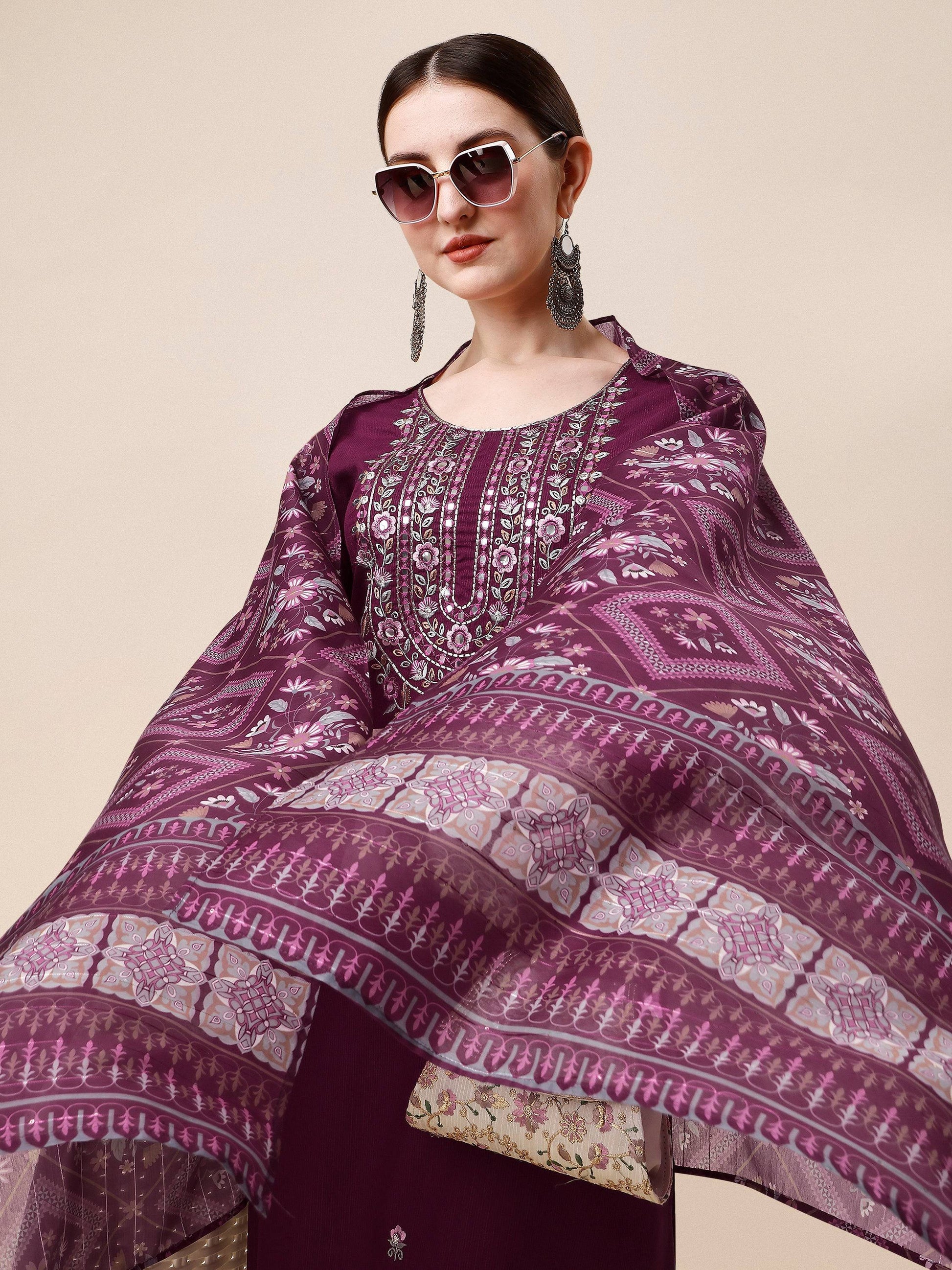 Embroidered Kurta With Pant & Printed Dupatta, Multicolor - Hiral Fashion