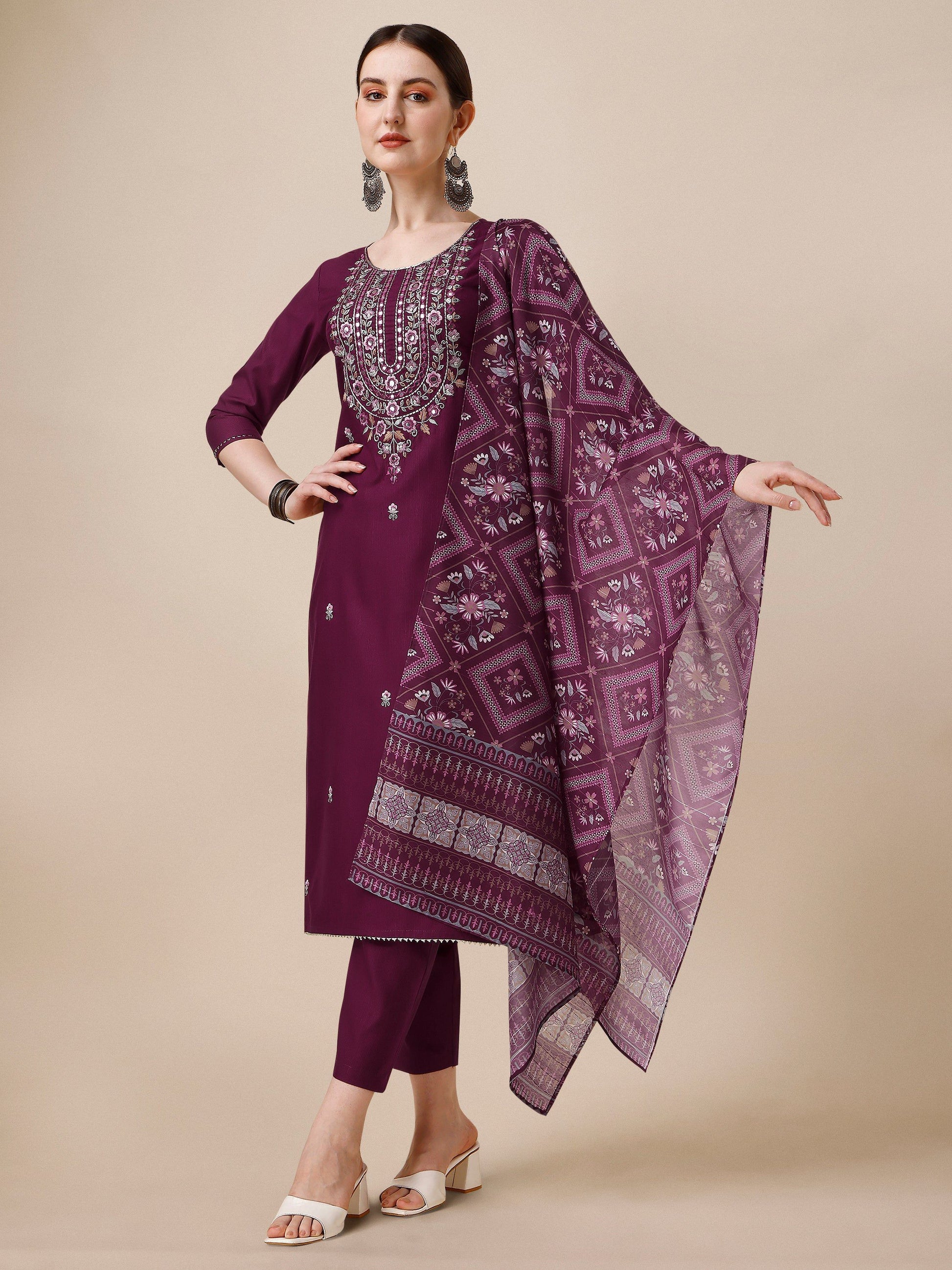 Embroidered Kurta With Pant & Printed Dupatta, Multicolor - Hiral Fashion