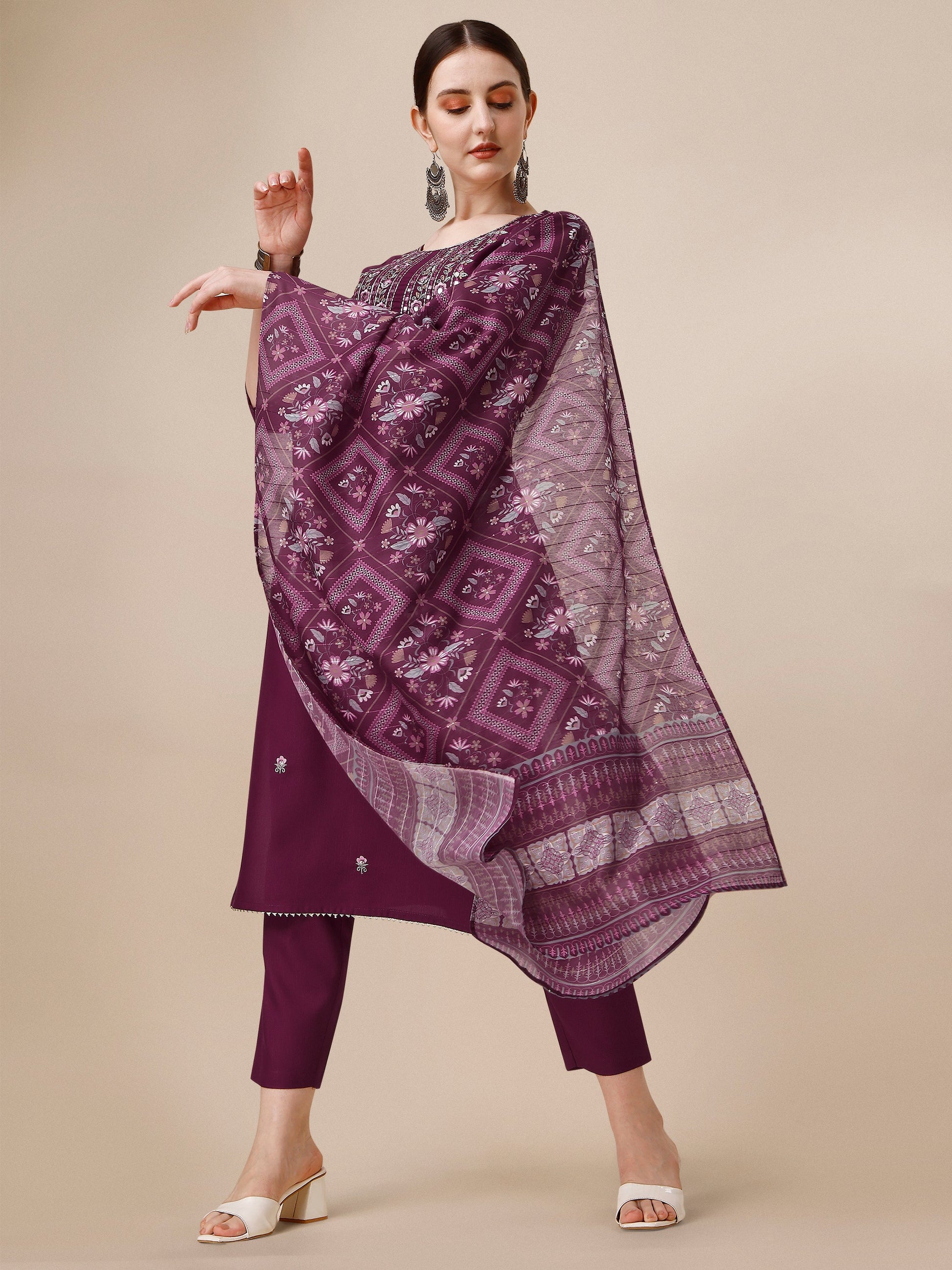 Embroidered Kurta With Pant & Printed Dupatta, Multicolor - Hiral Fashion