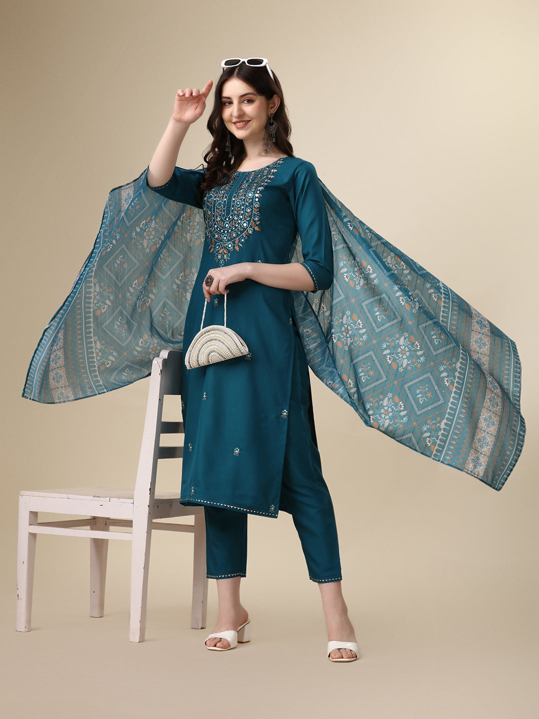 Embroidered Kurta With Pant And Printed Dupatta Set, Multicolor - Hiral Fashion