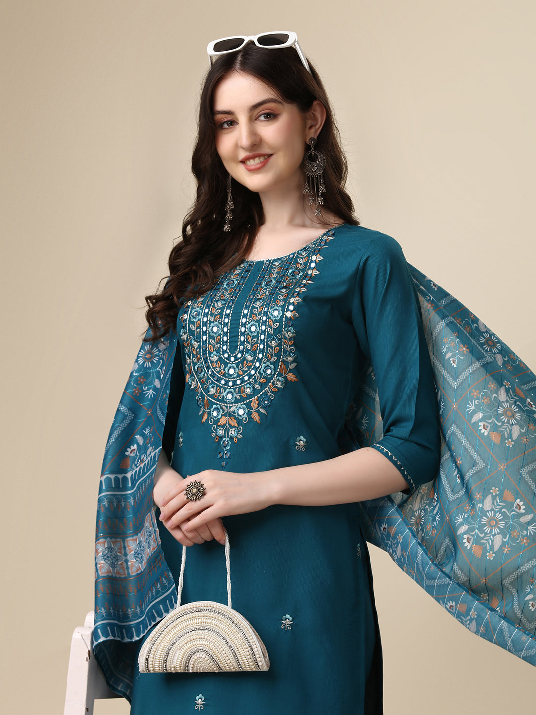 Embroidered Kurta With Pant And Printed Dupatta Set, Multicolor - Hiral Fashion
