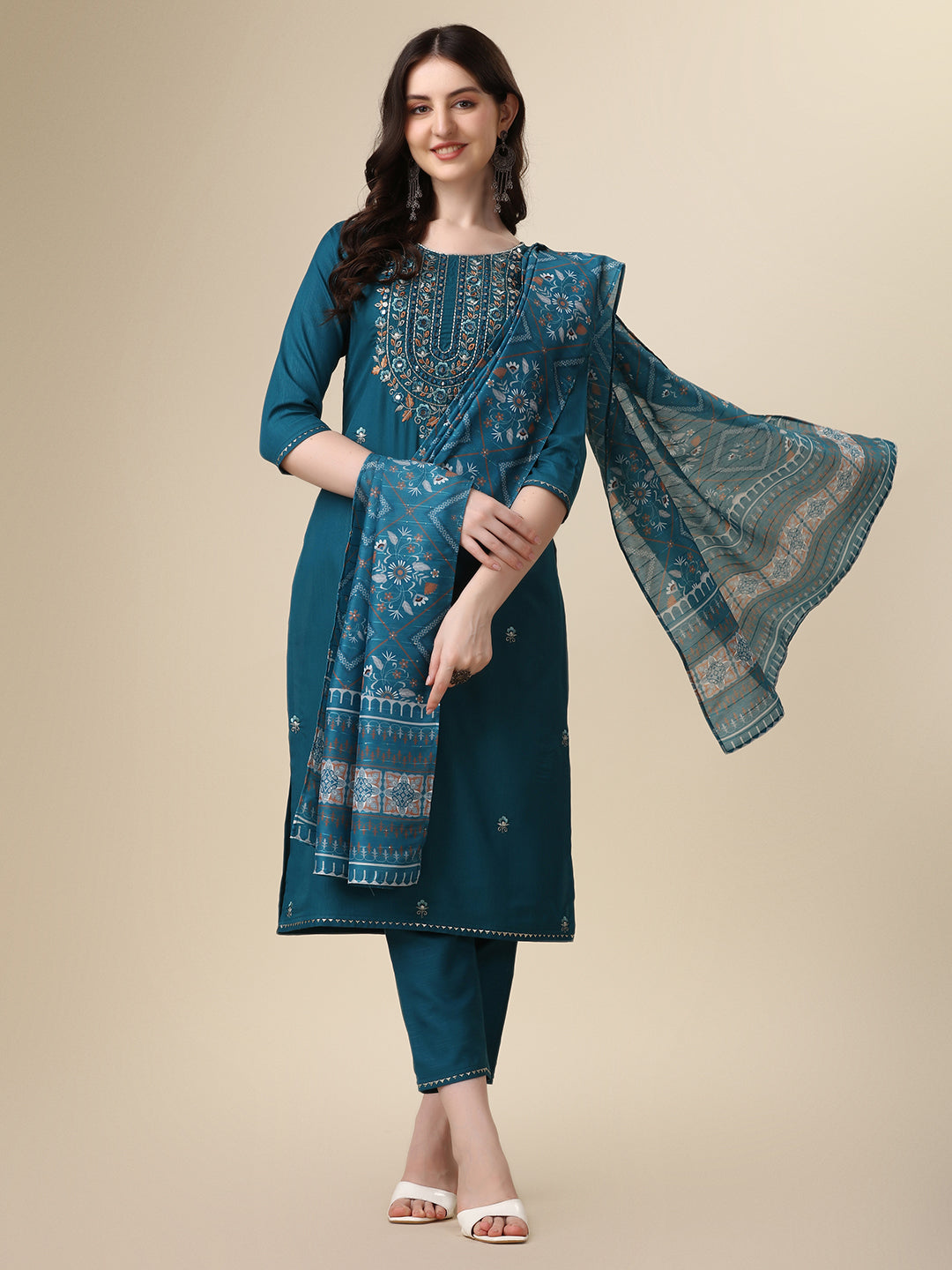 Embroidered Kurta With Pant And Printed Dupatta Set, Multicolor - Hiral Fashion