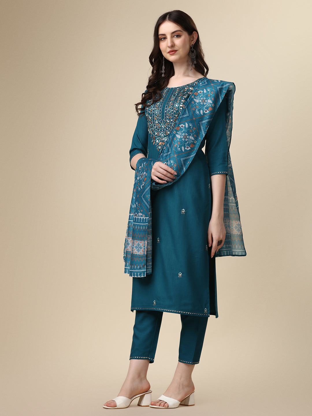 Embroidered Kurta With Pant And Printed Dupatta Set, Multicolor - Hiral Fashion