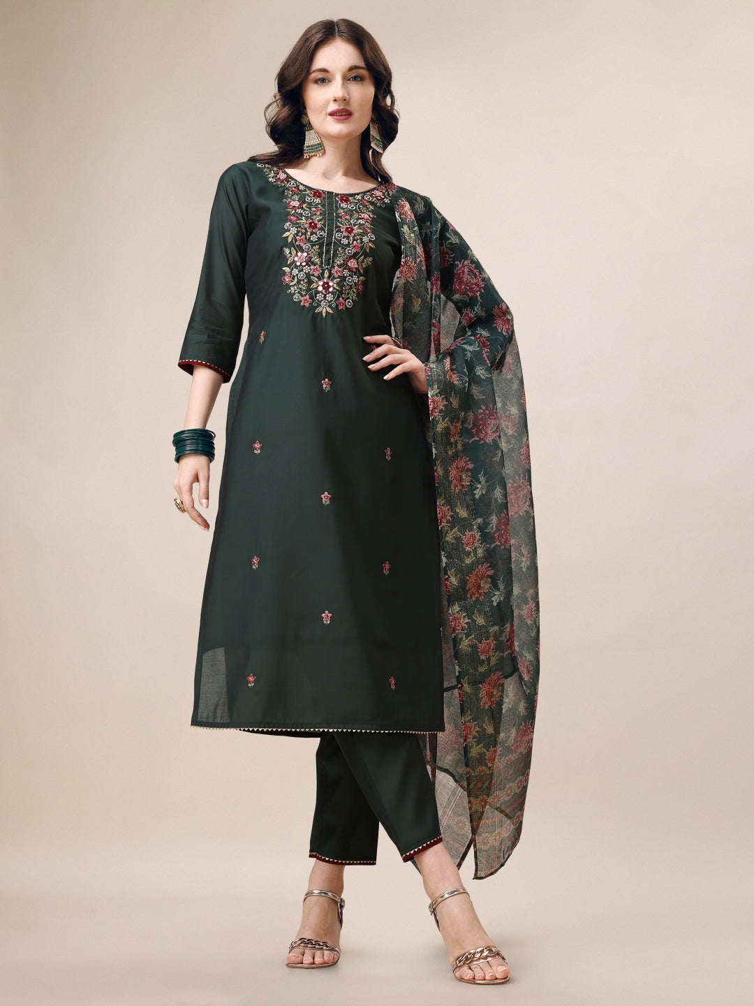 Embroidered Kurta With Pant & Dupatta Set, Multicolor - Hiral Fashion