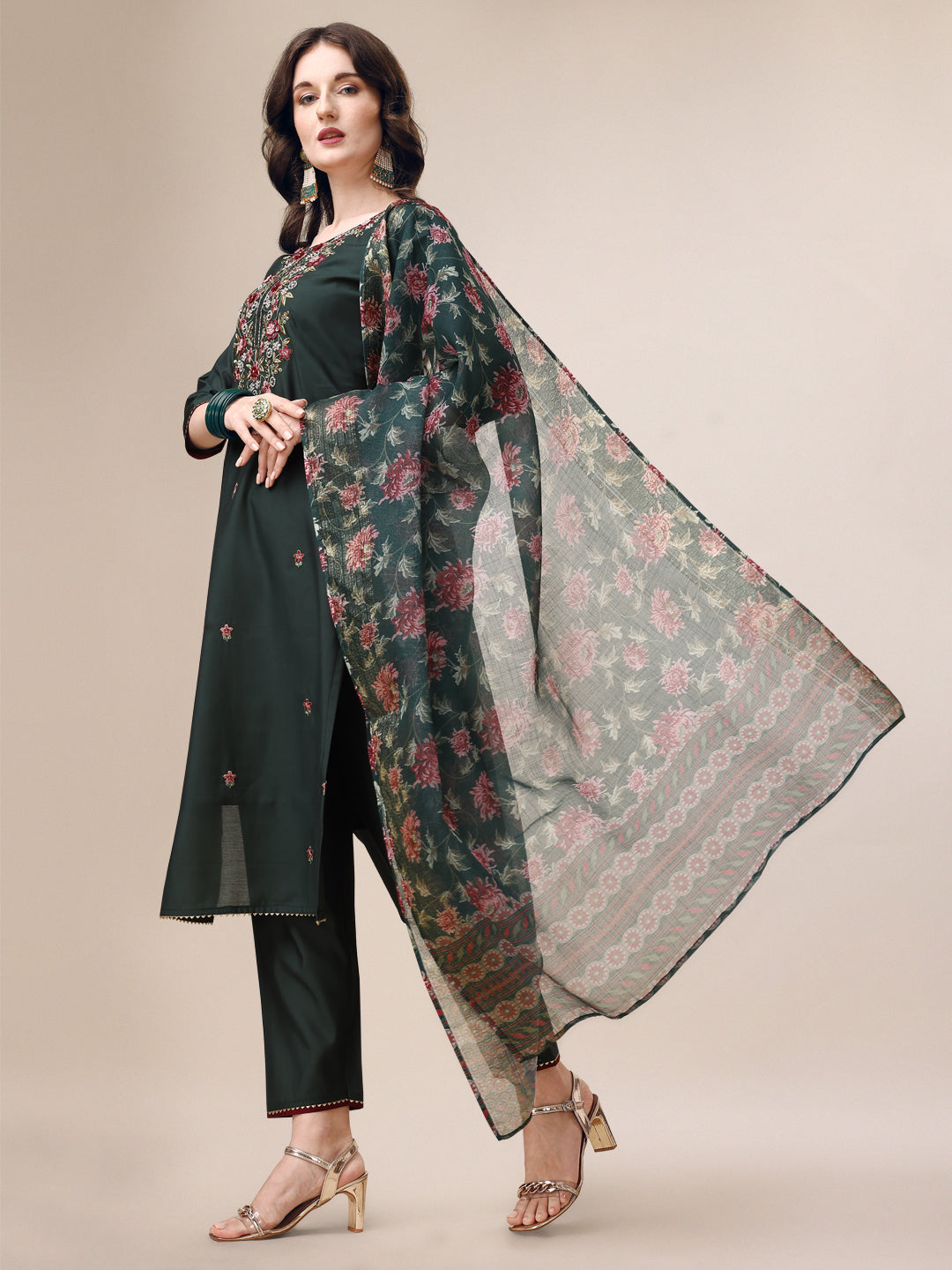 Embroidered Kurta With Pant & Dupatta Set, Multicolor - Hiral Fashion