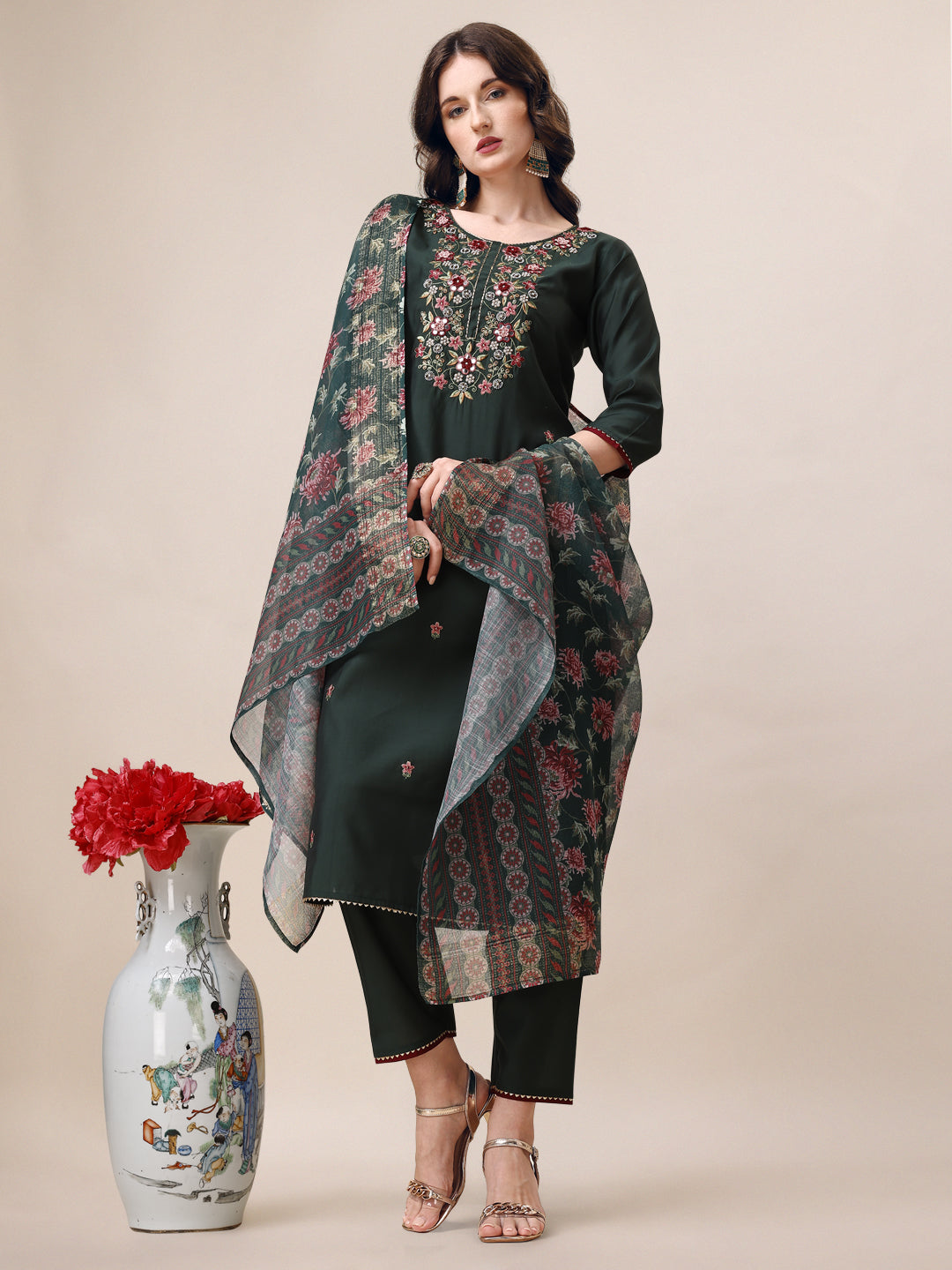 Embroidered Kurta With Pant & Dupatta Set, Multicolor - Hiral Fashion