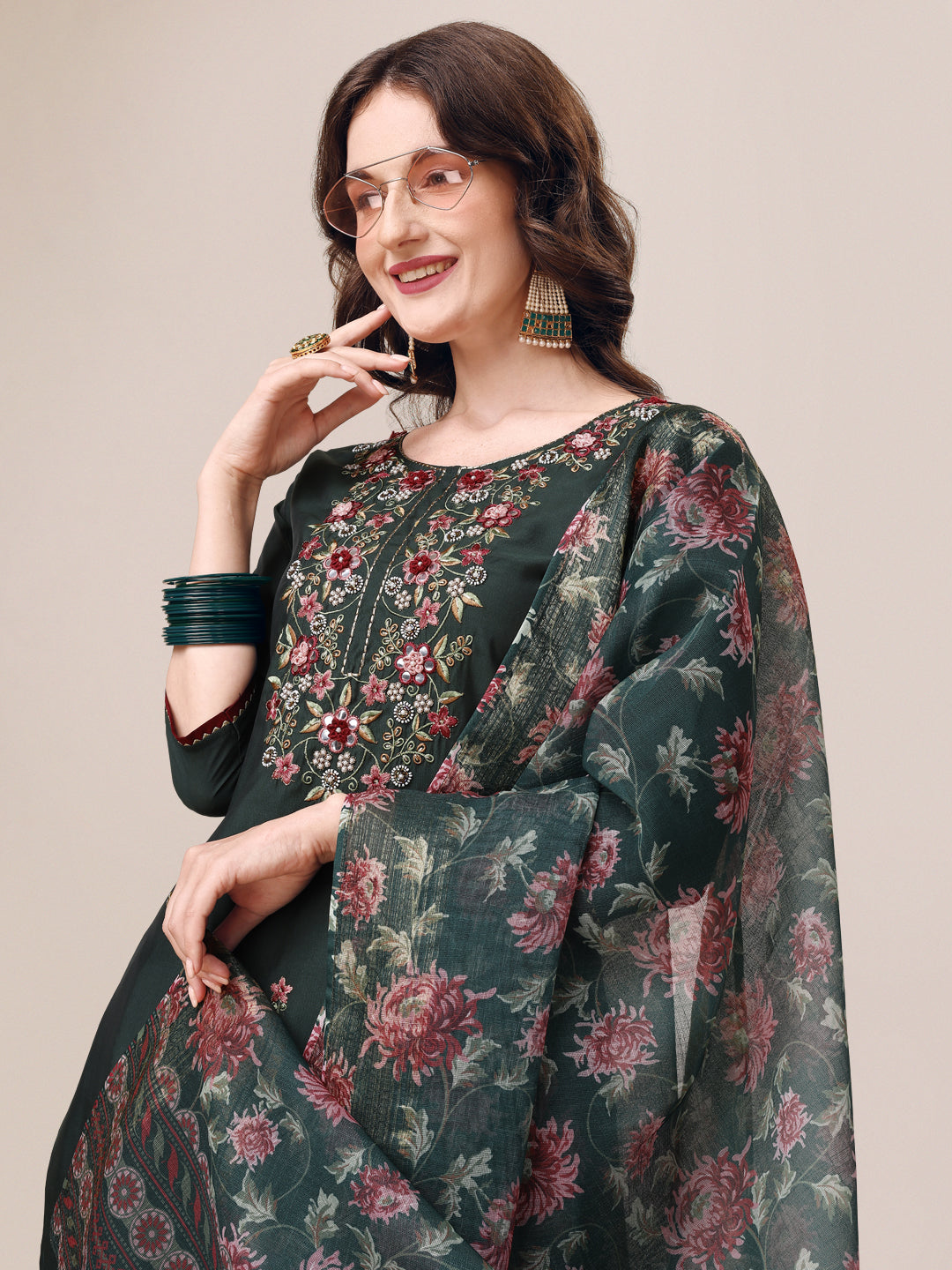 Embroidered Kurta With Pant & Dupatta Set, Multicolor - Hiral Fashion