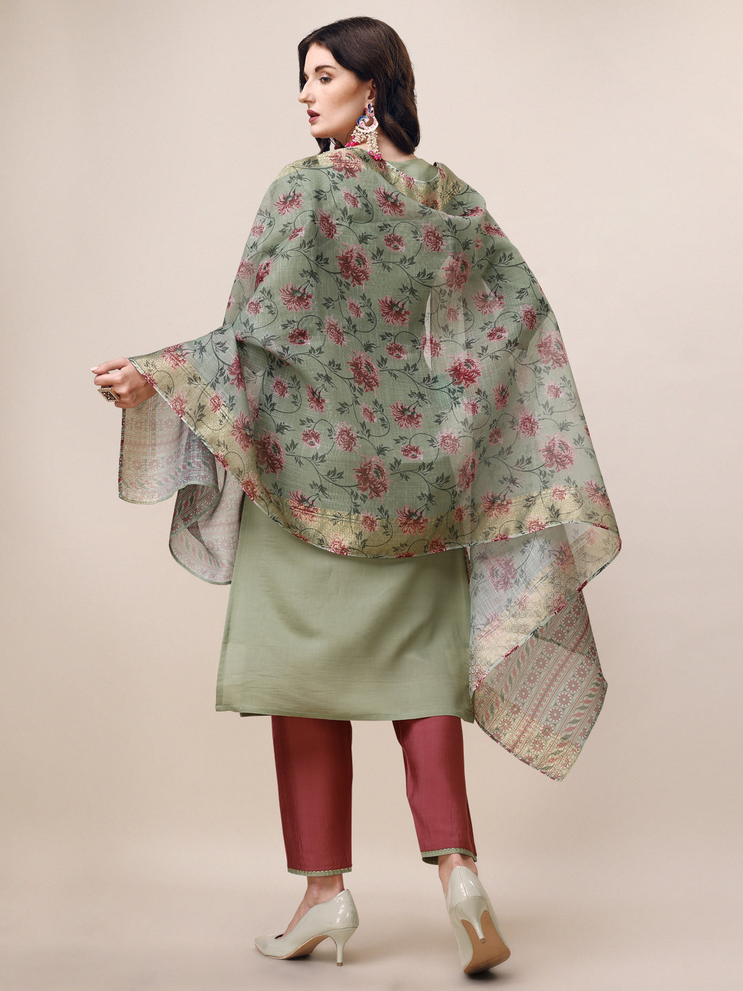 Embroidered Kurta With Pant & Printed Dupatta Set, Multicolor - Hiral Fashion