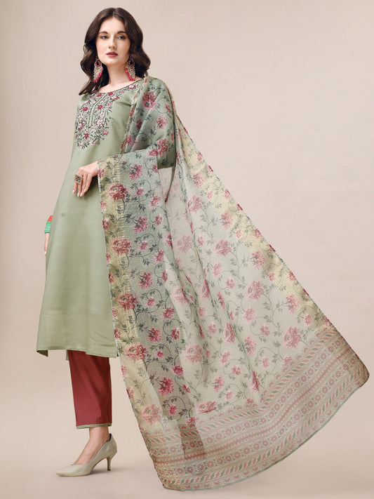 Embroidered Kurta With Pant & Printed Dupatta Set, Multicolor - Hiral Fashion