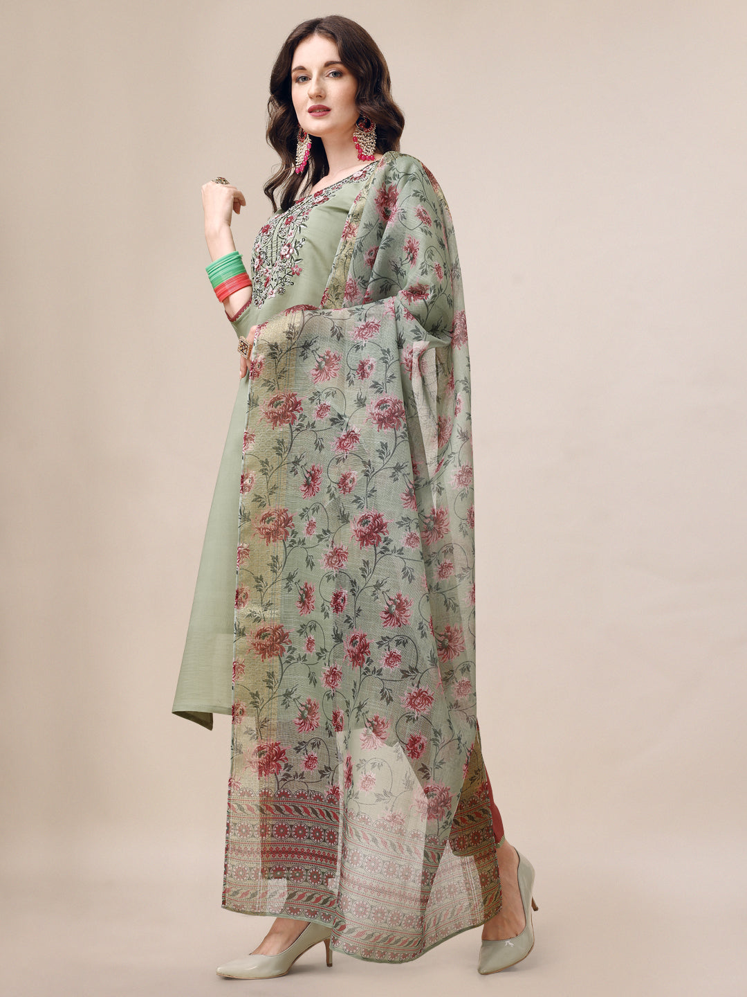 Embroidered Kurta With Pant & Printed Dupatta Set, Multicolor - Hiral Fashion