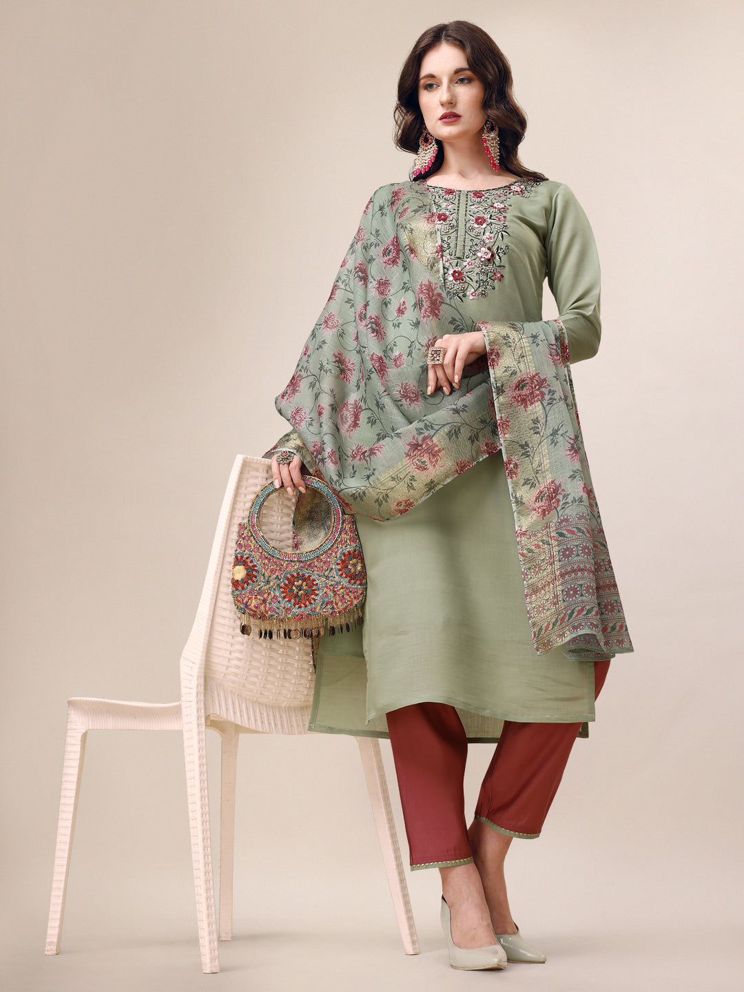 Embroidered Kurta With Pant & Printed Dupatta Set, Multicolor - Hiral Fashion
