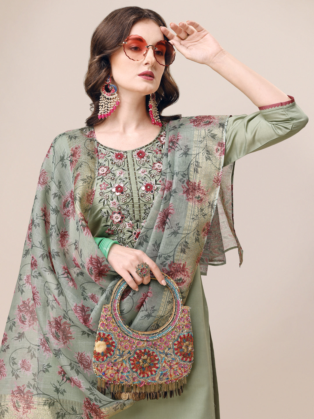 Embroidered Kurta With Pant & Printed Dupatta Set, Multicolor - Hiral Fashion