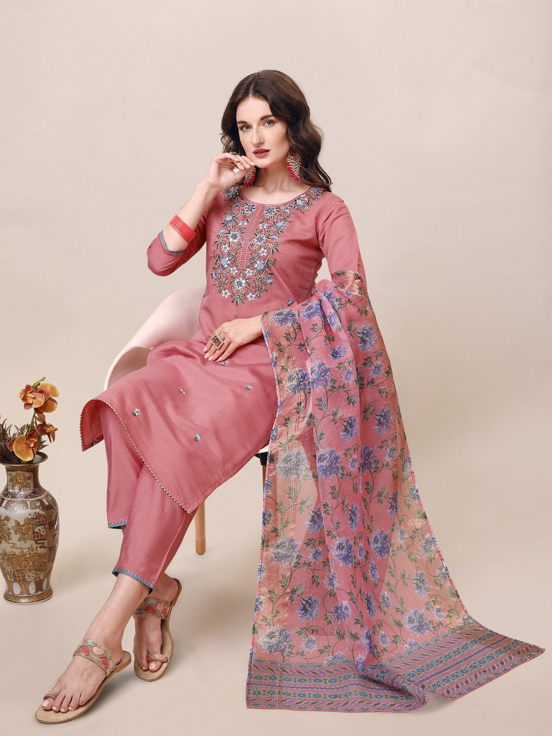 Embroidered Kurta With Pant & Printed Dupatta Set, Multicolor - Hiral Fashion