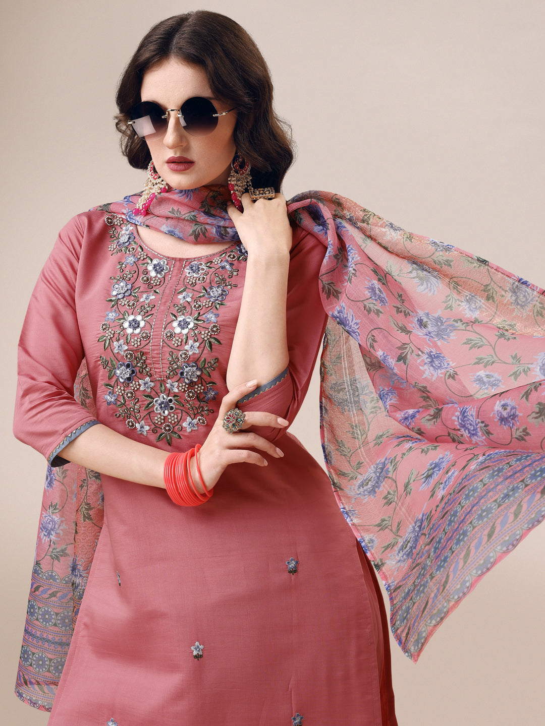 Embroidered Kurta With Pant & Printed Dupatta Set, Multicolor - Hiral Fashion