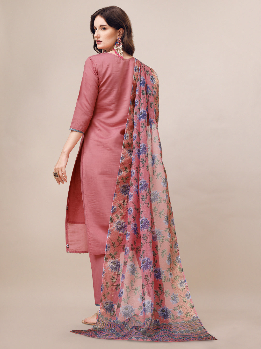 Embroidered Kurta With Pant & Printed Dupatta Set, Multicolor - Hiral Fashion