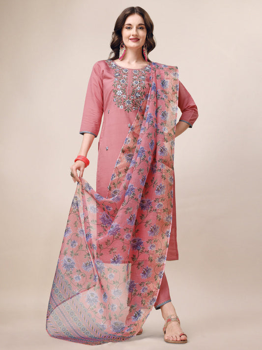 Embroidered Kurta With Pant & Printed Dupatta Set, Multicolor - Hiral Fashion