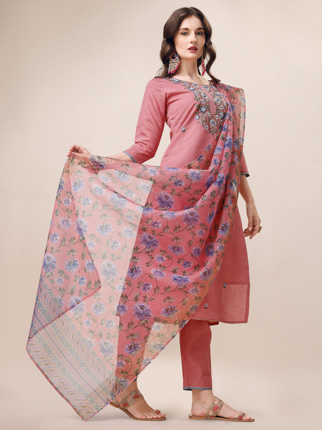 Embroidered Kurta With Pant & Printed Dupatta Set, Multicolor - Hiral Fashion