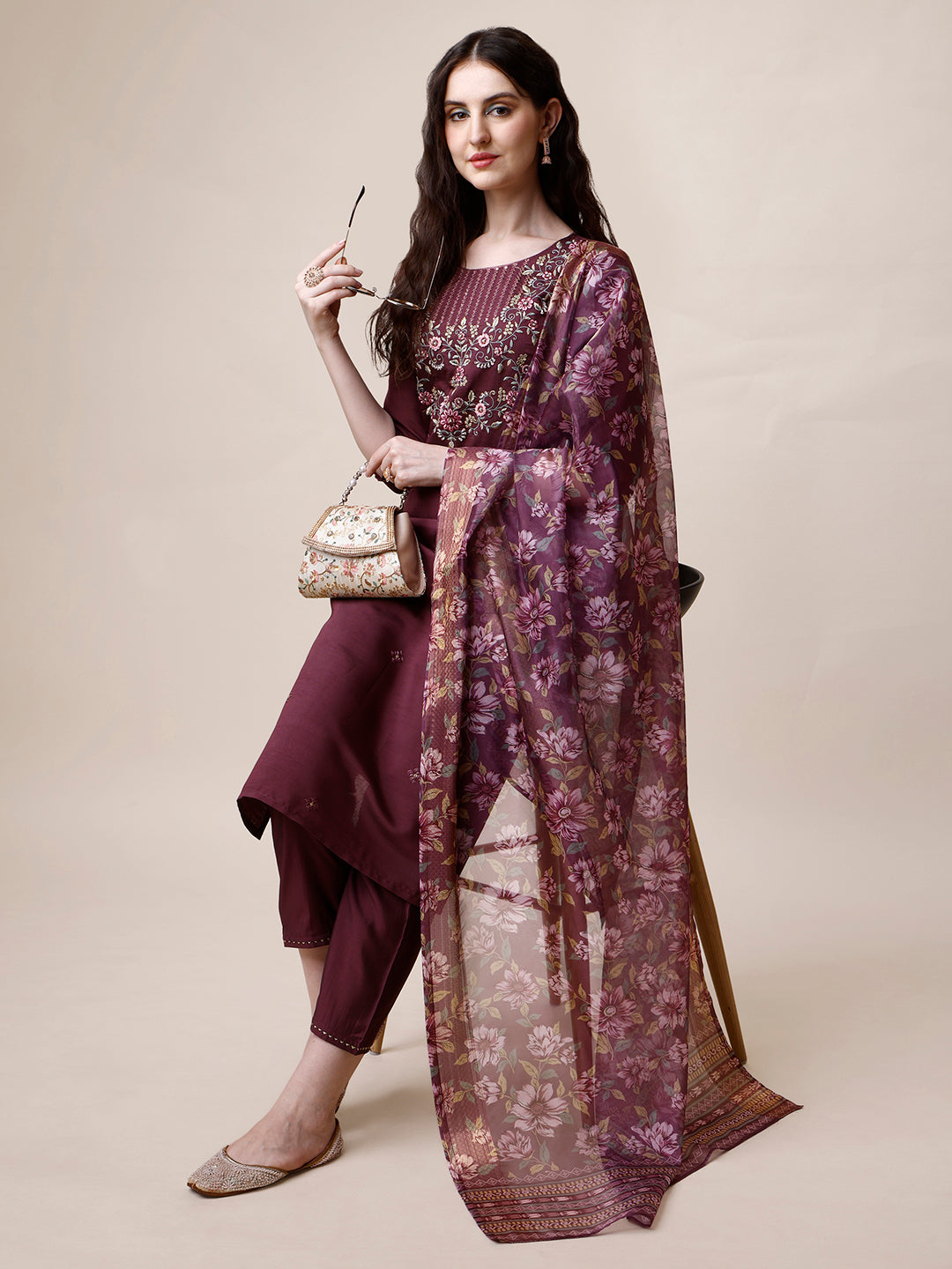 Embroidered Kurta With Pant And Dupatta Set, Multicolor - Hiral Fashion