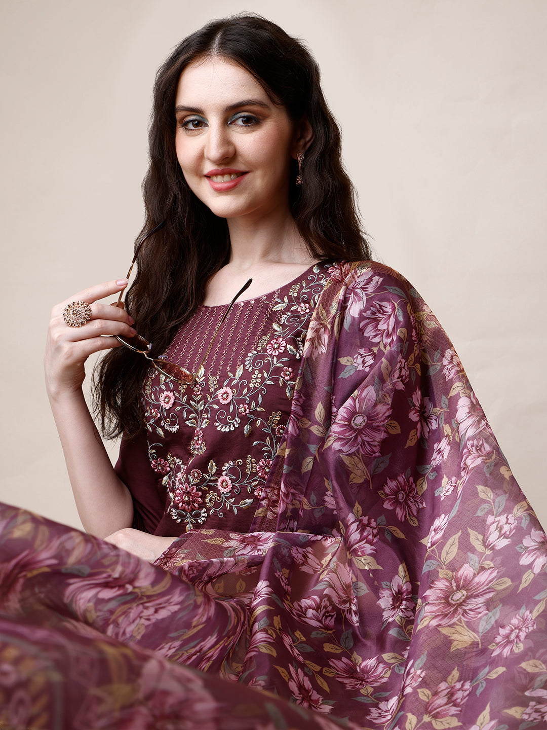 Embroidered Kurta With Pant And Dupatta Set, Multicolor - Hiral Fashion