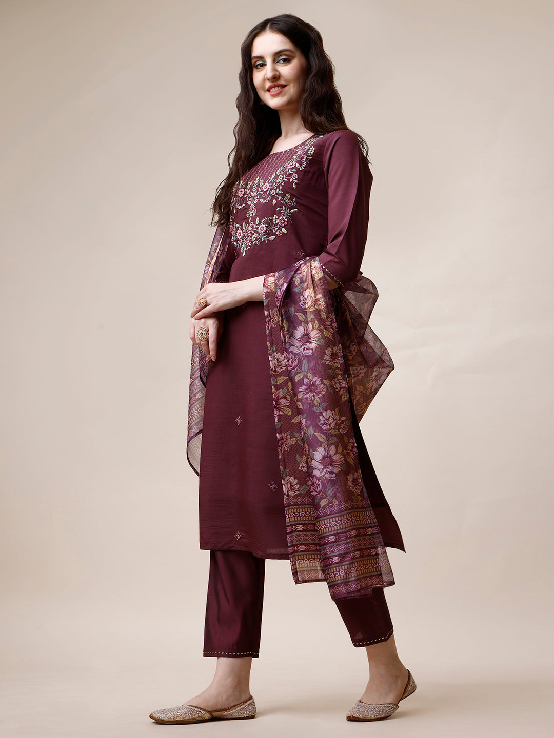 Embroidered Kurta With Pant And Dupatta Set, Multicolor - Hiral Fashion