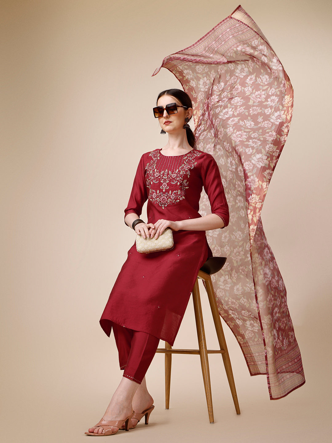 Embroidered Kurta With Pant And Printed Dupatta Set, Multicolor - Hiral Fashion