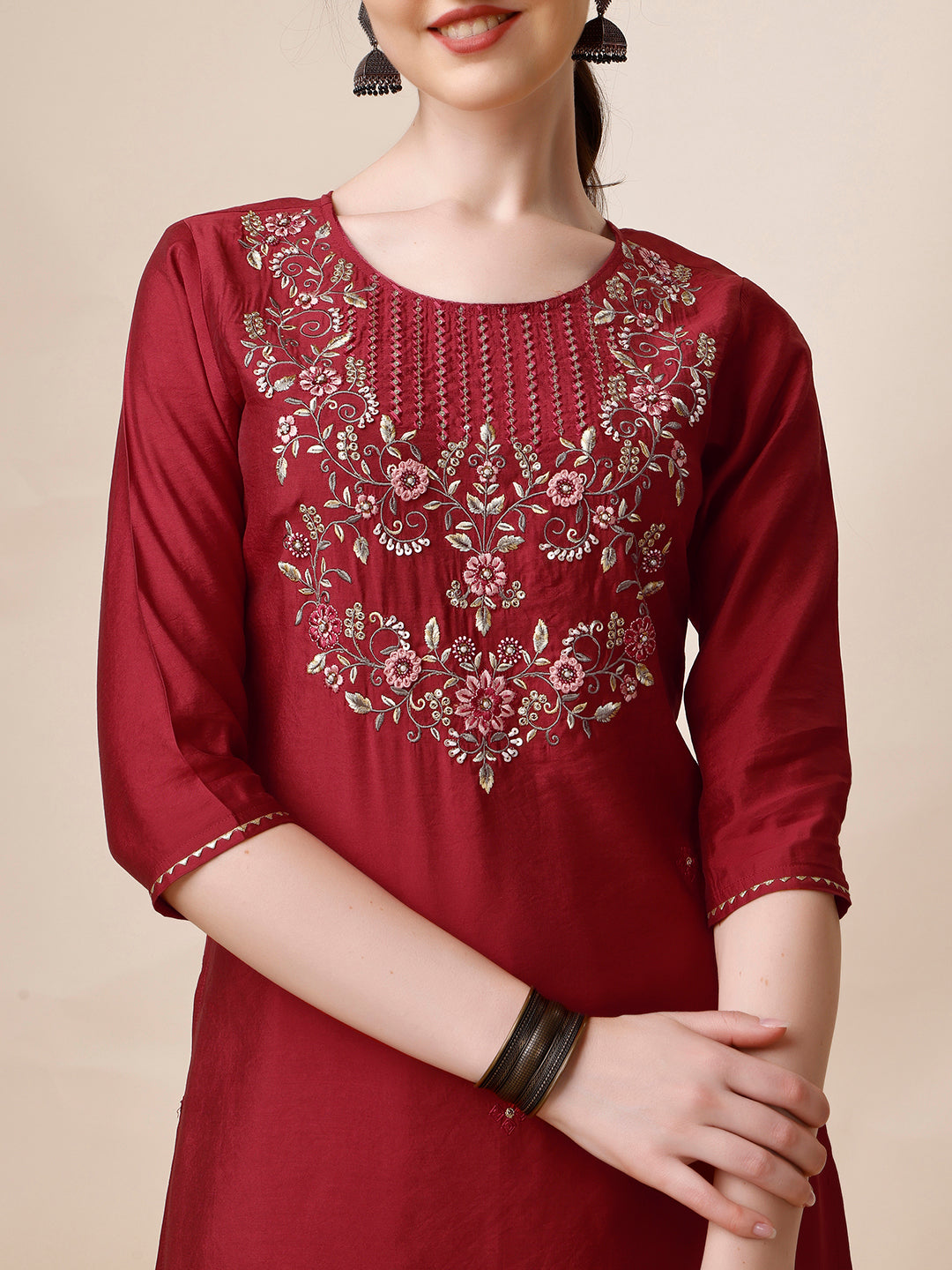 Embroidered Kurta With Pant And Printed Dupatta Set, Multicolor - Hiral Fashion