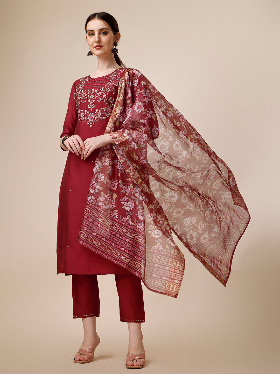 Embroidered Kurta With Pant And Printed Dupatta Set, Multicolor - Hiral Fashion