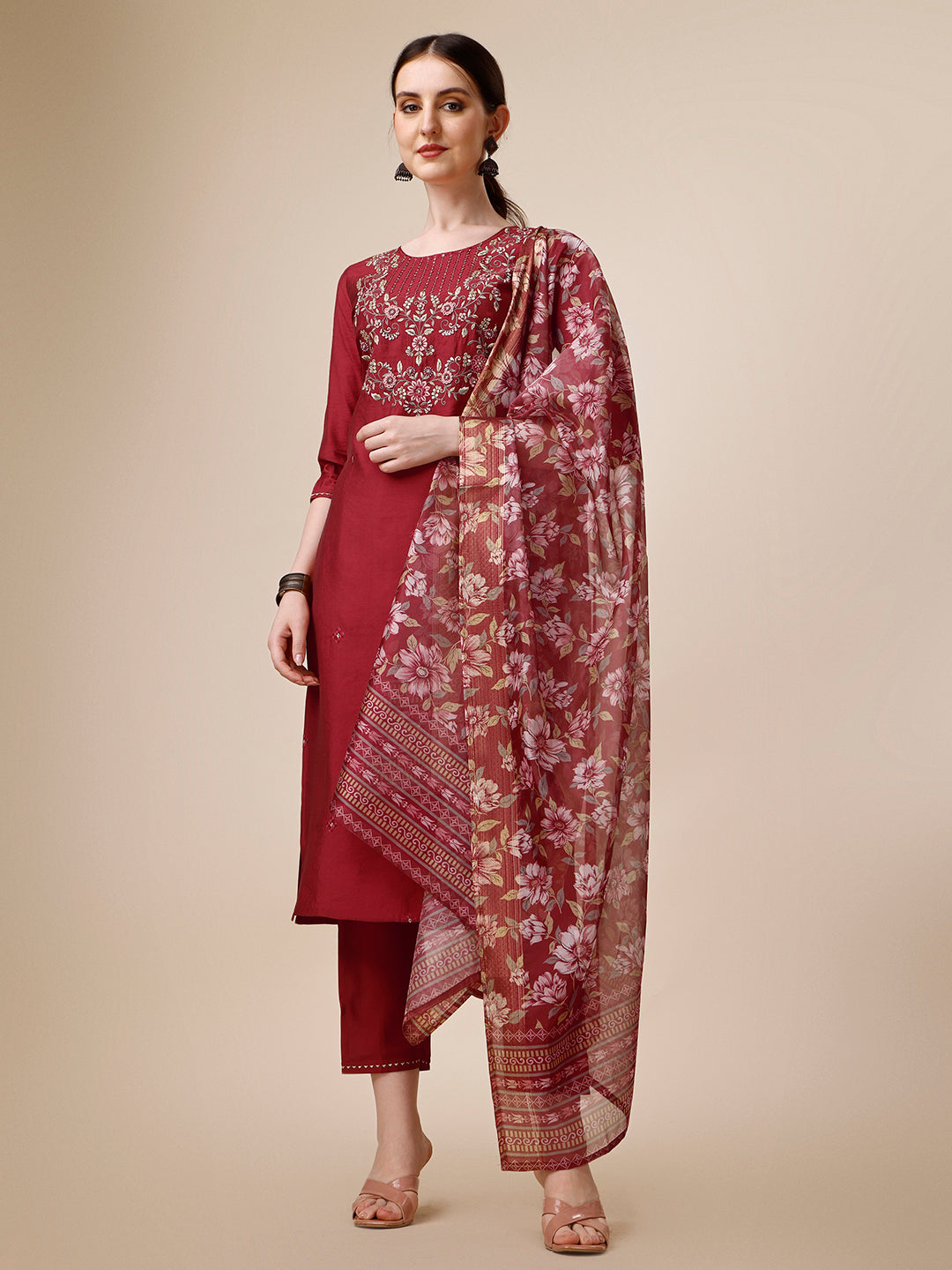 Embroidered Kurta With Pant And Printed Dupatta Set, Multicolor - Hiral Fashion