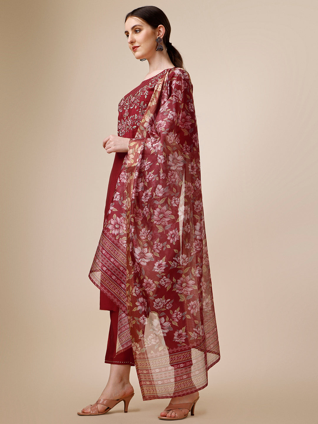 Embroidered Kurta With Pant And Printed Dupatta Set, Multicolor - Hiral Fashion