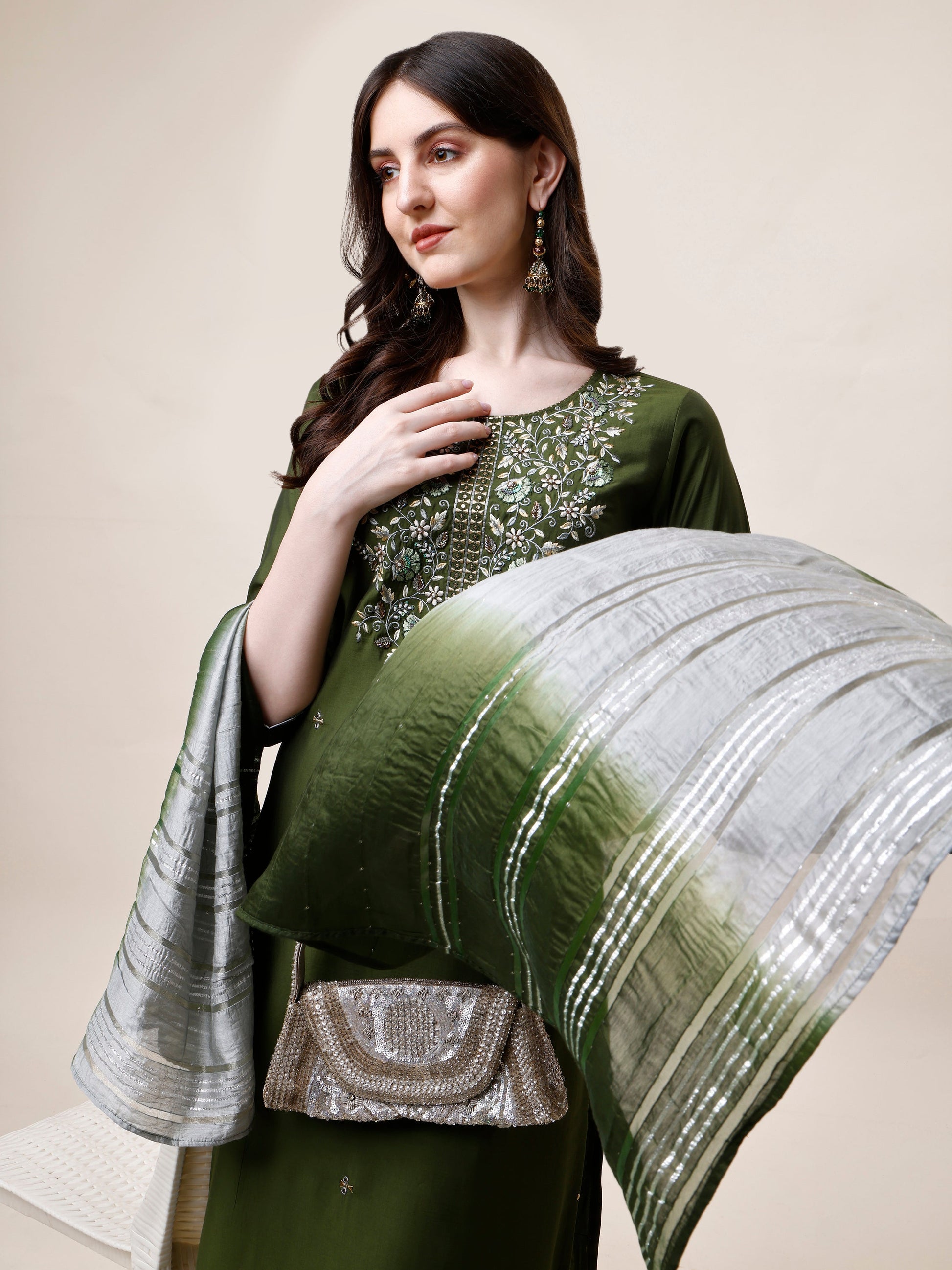Hand Embroidered Kurta With Pant And Dupatta Set, Multicolor - Hiral Fashion