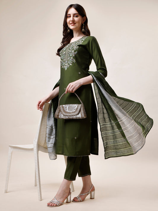 Hand Embroidered Kurta With Pant And Dupatta Set, Multicolor - Hiral Fashion