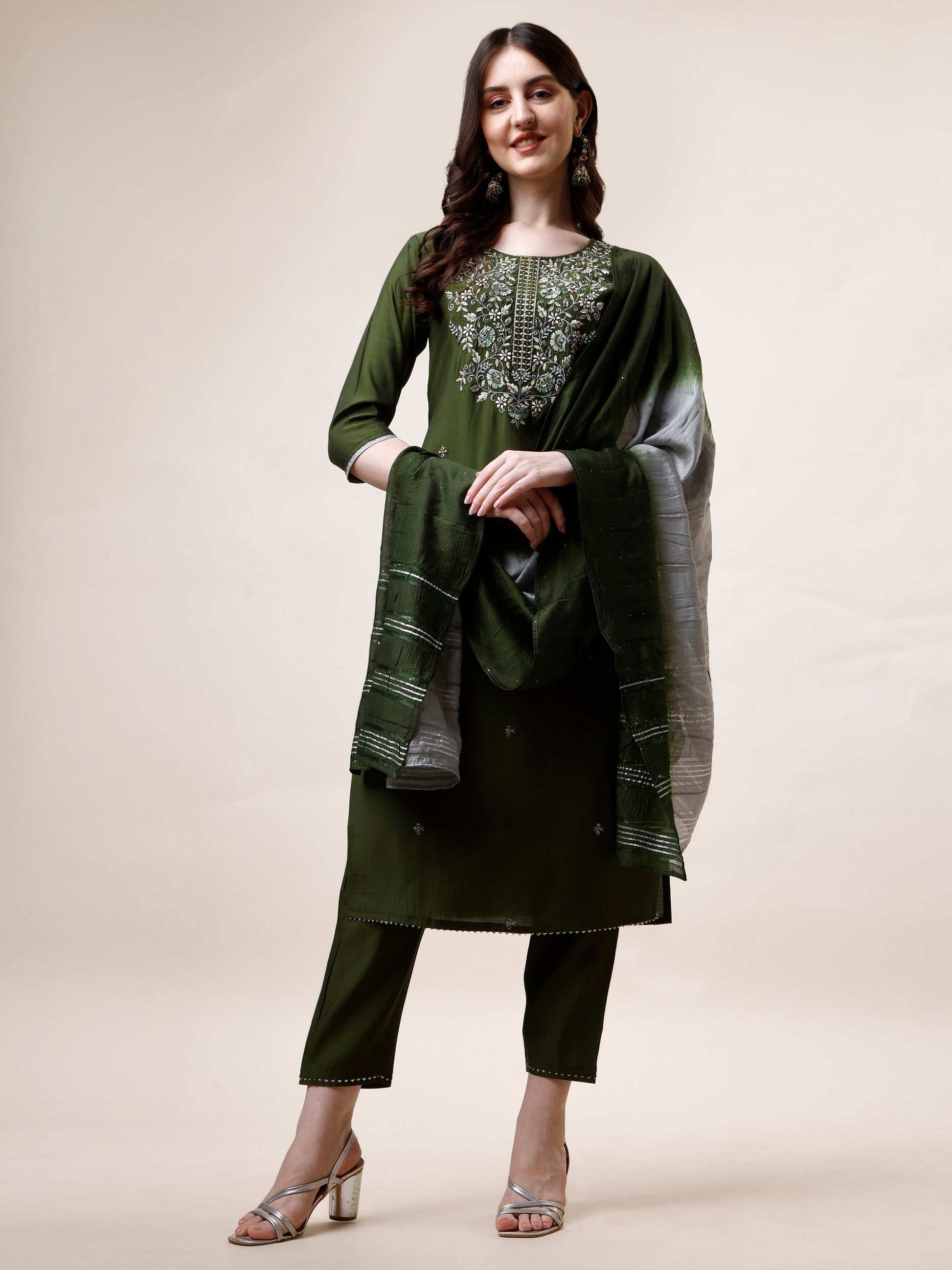 Hand Embroidered Kurta With Pant And Dupatta Set, Multicolor - Hiral Fashion