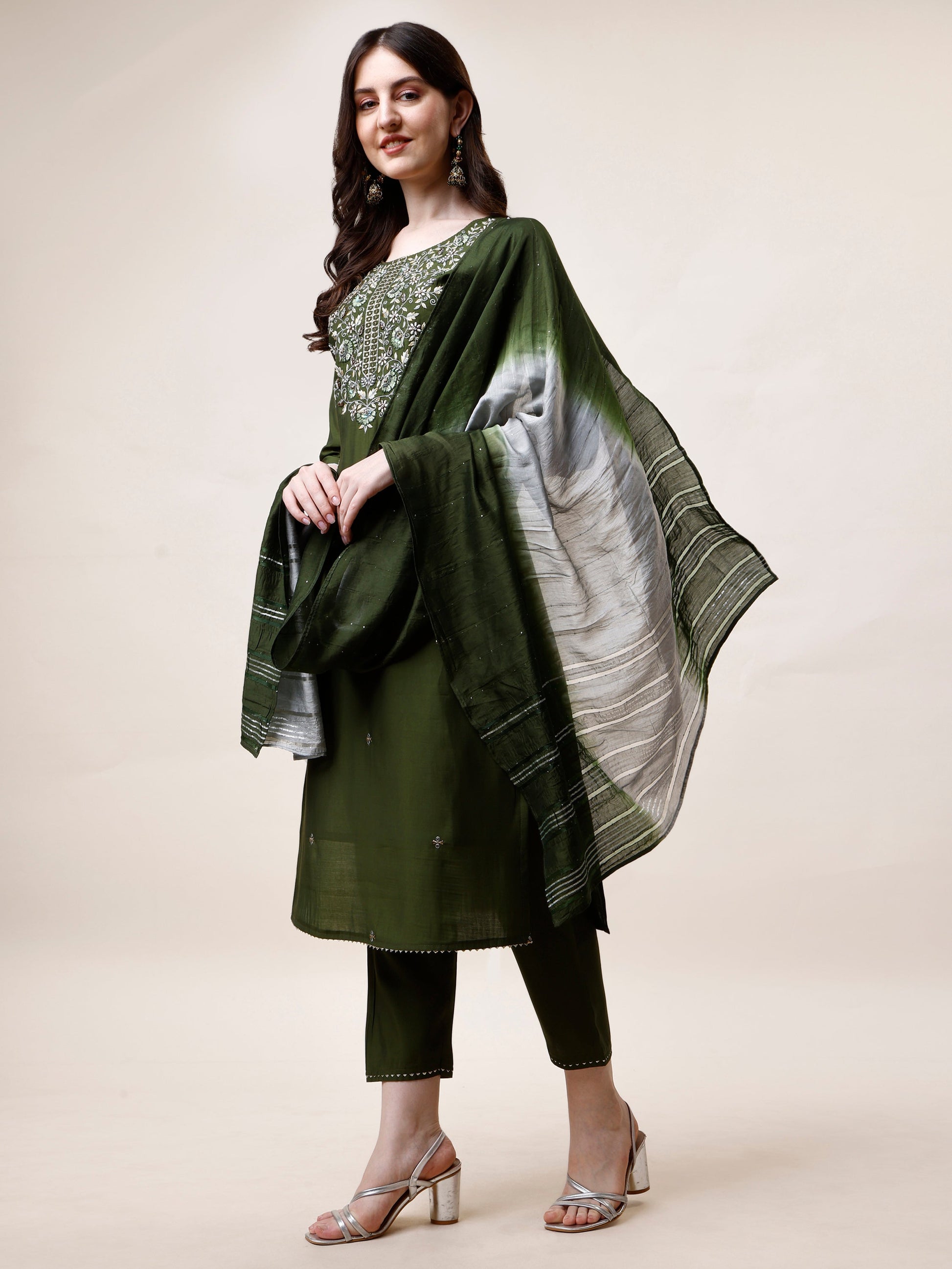 Hand Embroidered Kurta With Pant And Dupatta Set, Multicolor - Hiral Fashion