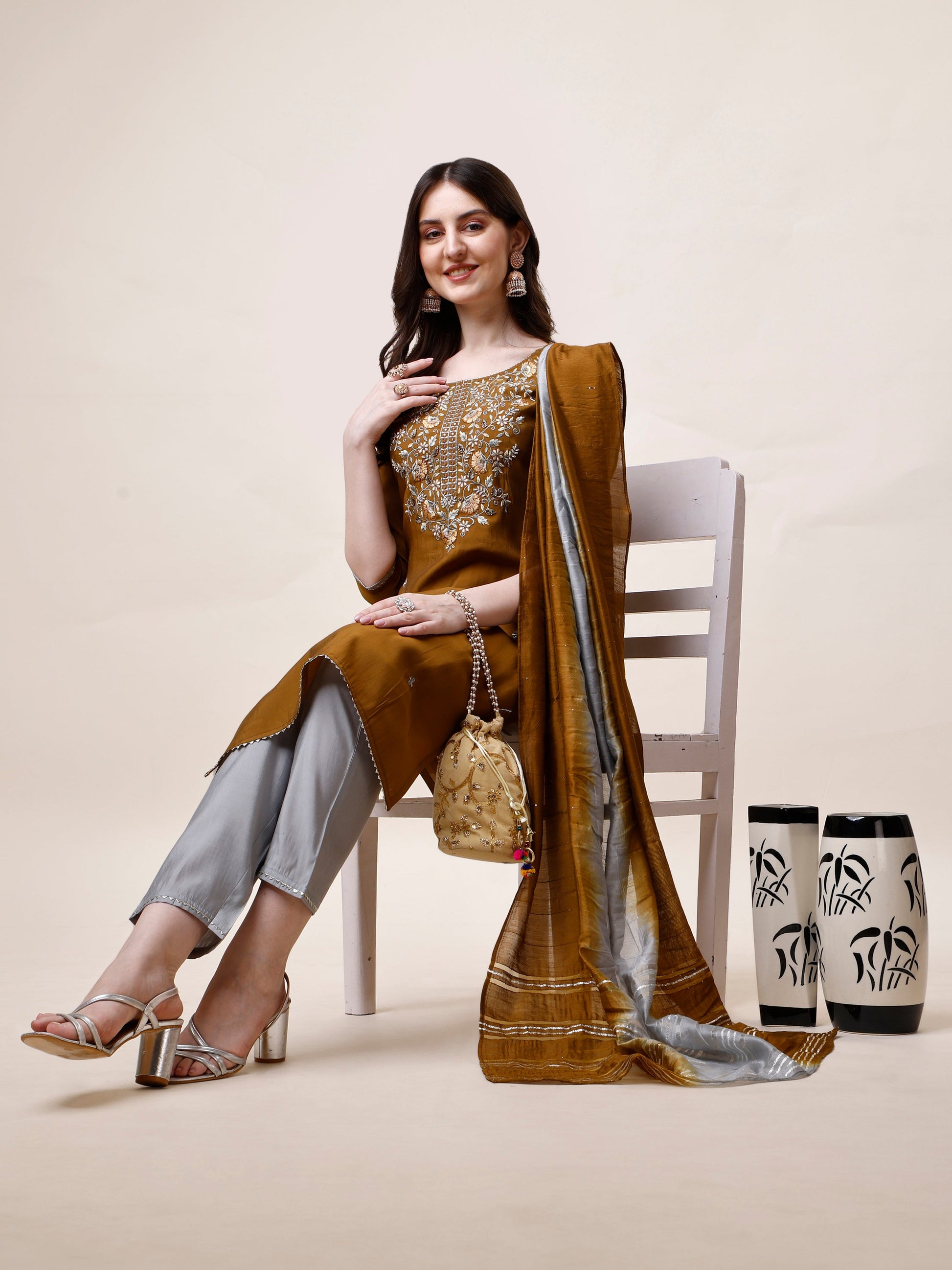 Hand Embroidered Kurta With Pant And Dupatta Set, Multicolor - Hiral Fashion